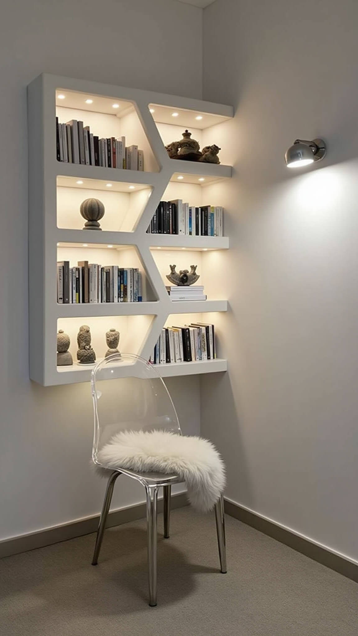 Modern 6'x8' reading nook with floating geometric white shelves, warm LED backlighting, monochrome books and sculptures, ghost chair with faux fur throw, and dramatic dusk lighting.