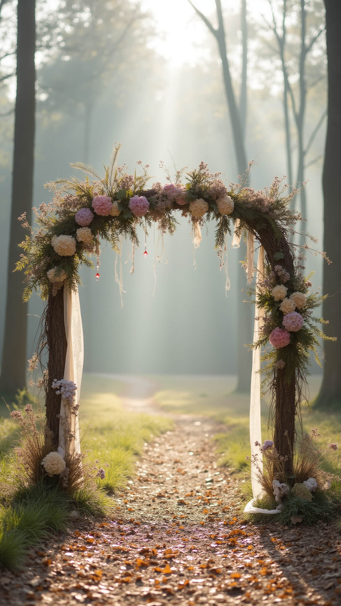 Asymmetrical branch arch with wild foliage, dried hydrangeas, and lace ribbons in a misty woodland clearing, lit by filtered morning sunlight.