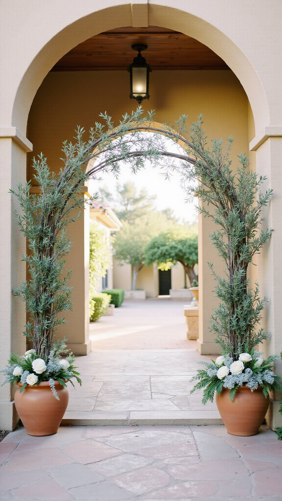 Mediterranean villa courtyard with curved olive branch arch adorned with white roses, dusty miller, and smilax, flanked by terracotta urns; golden hour light highlights stone archways.
