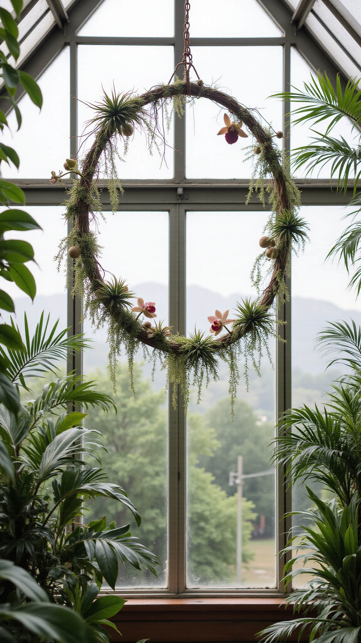 Bird’s eye view of a greenhouse venue featuring a suspended 8-foot circular arch adorned with hanging orchids, air plants, and copper wire, surrounded by lush tropical plants under soft, diffused daylight.