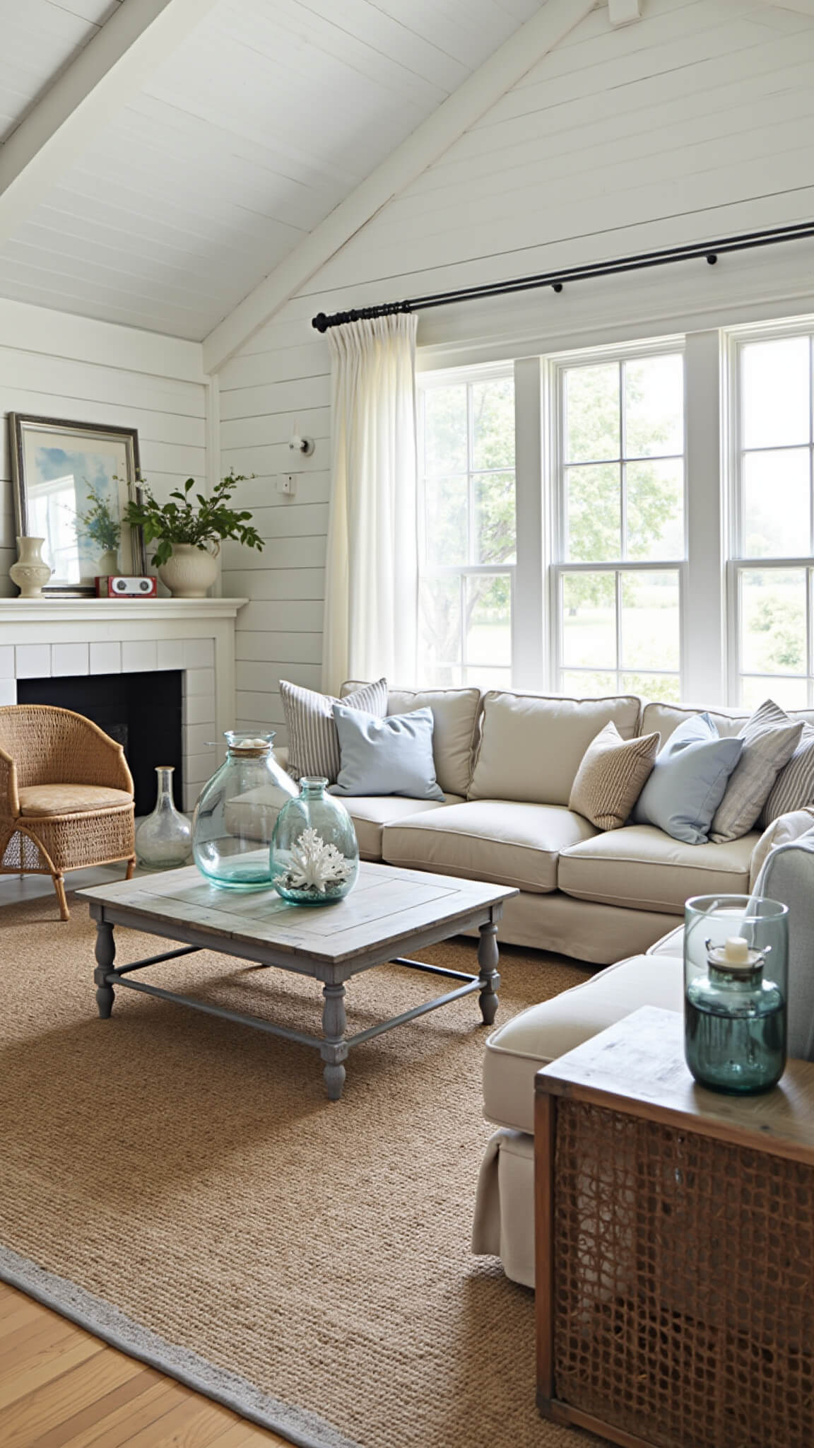 Bright coastal living room with tall ceilings, linen sofa, driftwood coffee table, rattan chairs, and soft morning light streaming through floor-to-ceiling windows.