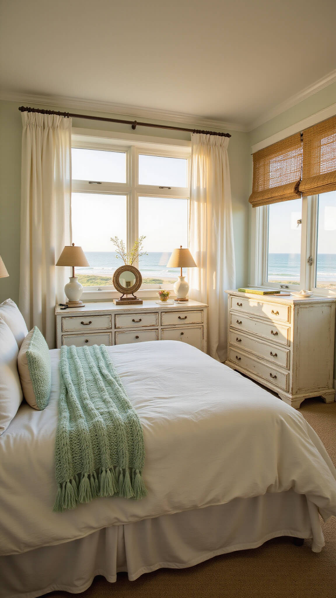 Cozy coastal bedroom with white linens and seafoam accents bathed in golden hour light, featuring ocean view through arched window.