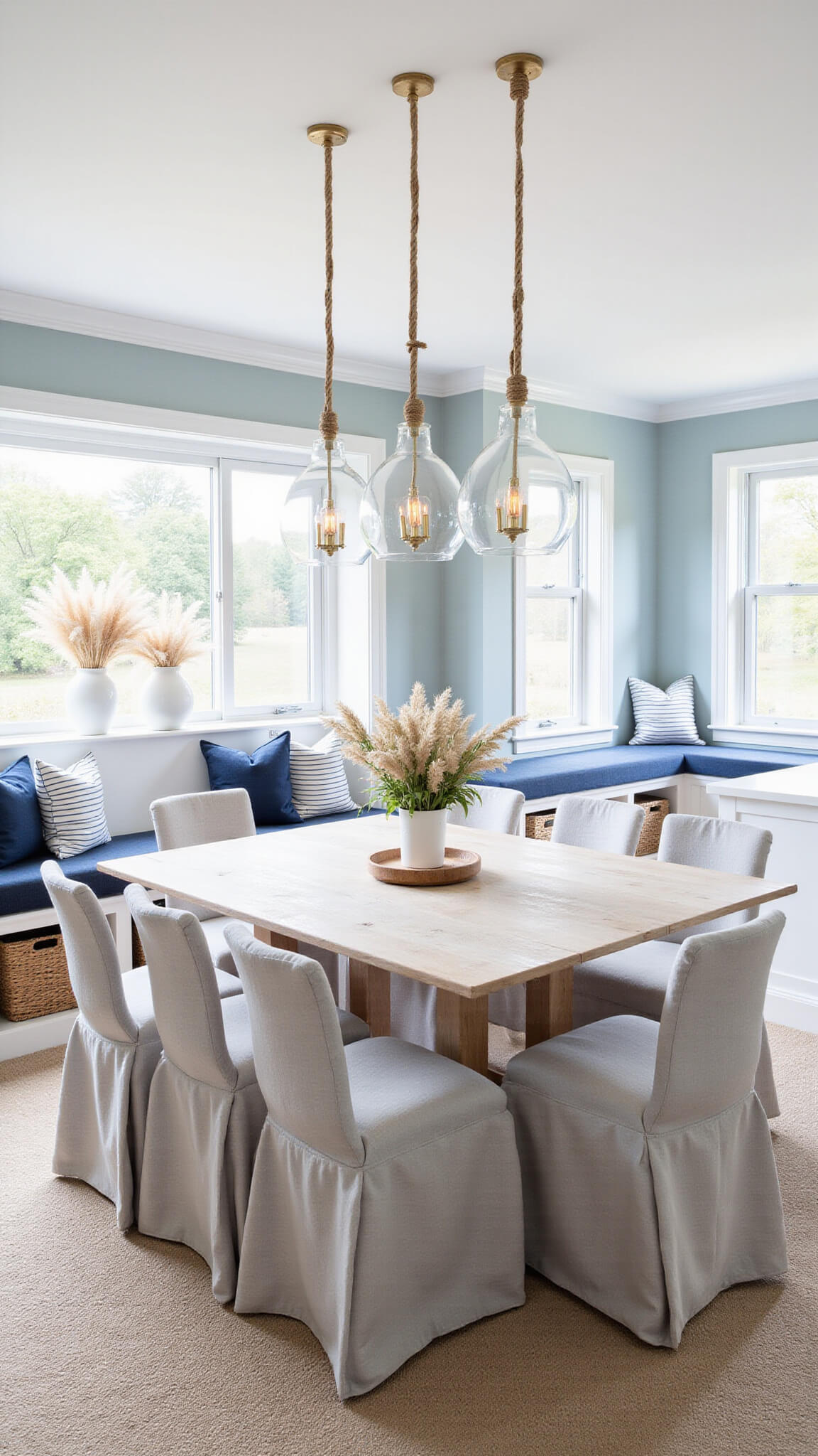 Coastal-style dining room with whitewashed oak table, pale grey slip-covered chairs, striped window seat cushions, rope-detailed pendant lights, and pale blue textured wallpaper.