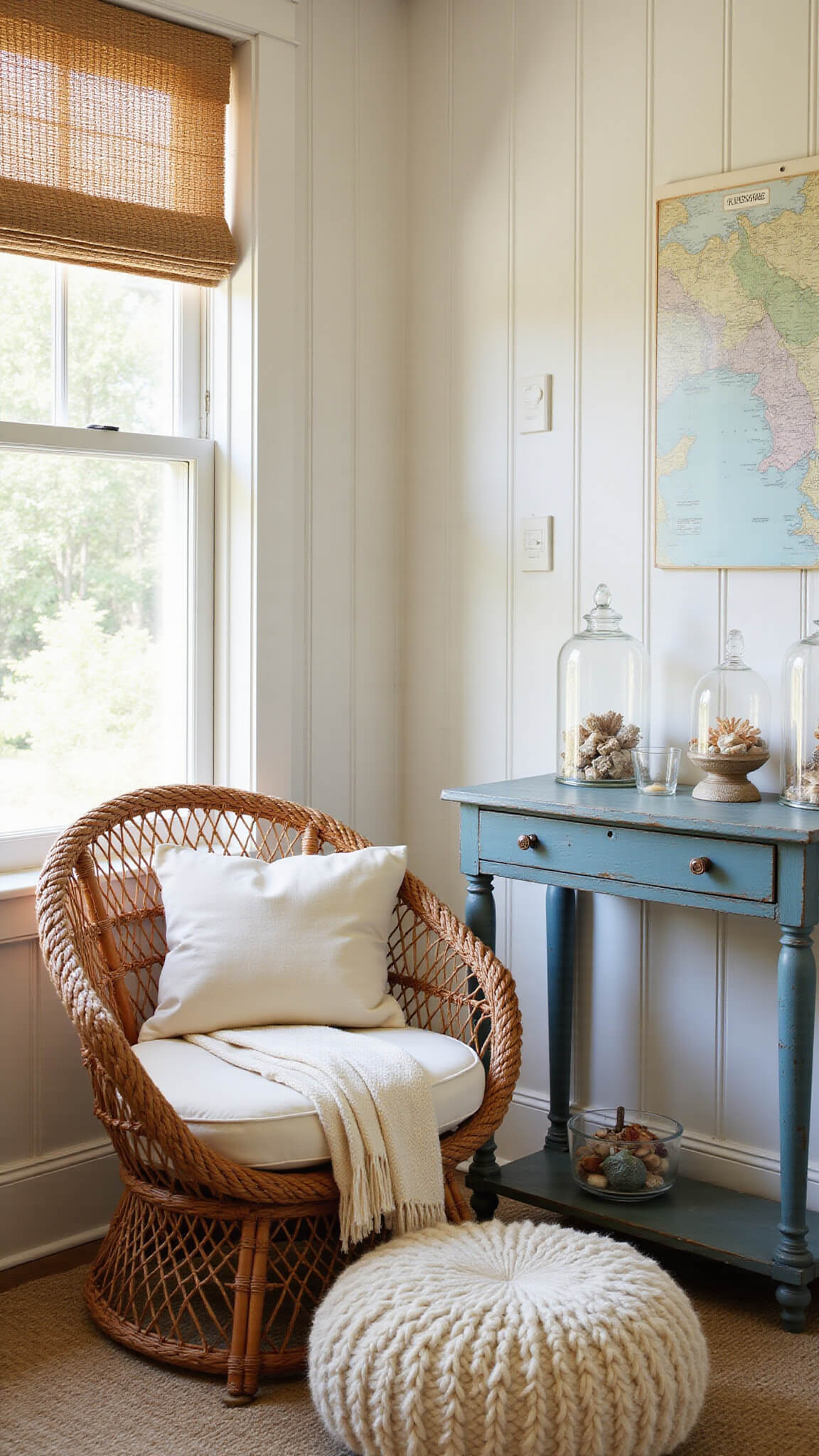 Cozy coastal reading nook with rattan peacock chair, cream cushions, blue console table, and warm natural light filtering through a roman shade.