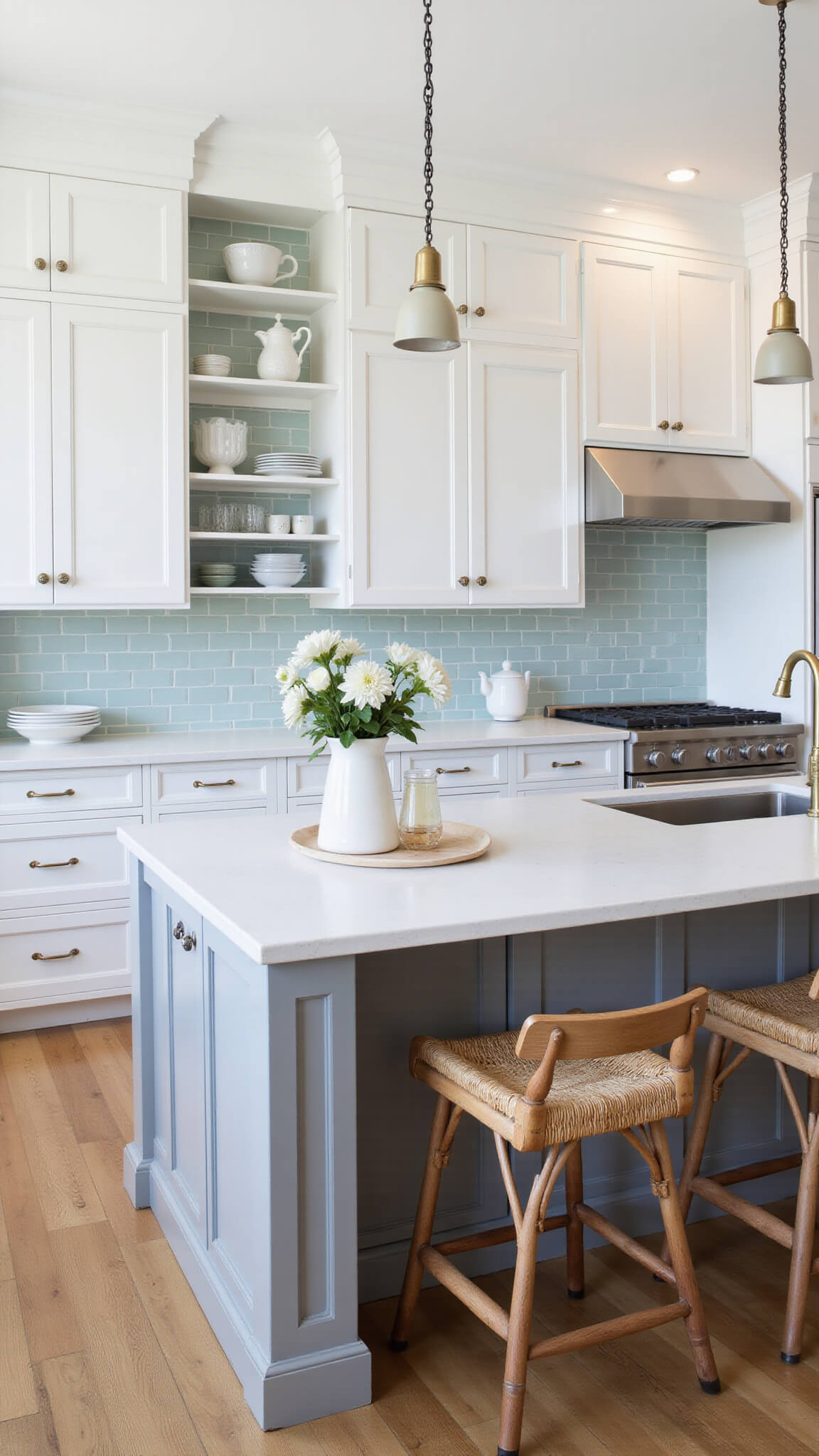 Modern coastal kitchen with white shaker cabinets, pale grey concrete counters, large white quartz island with rattan barstools, pale aqua subway tile backsplash, brass fixtures, and open shelving displaying white ironstone and sea glass.