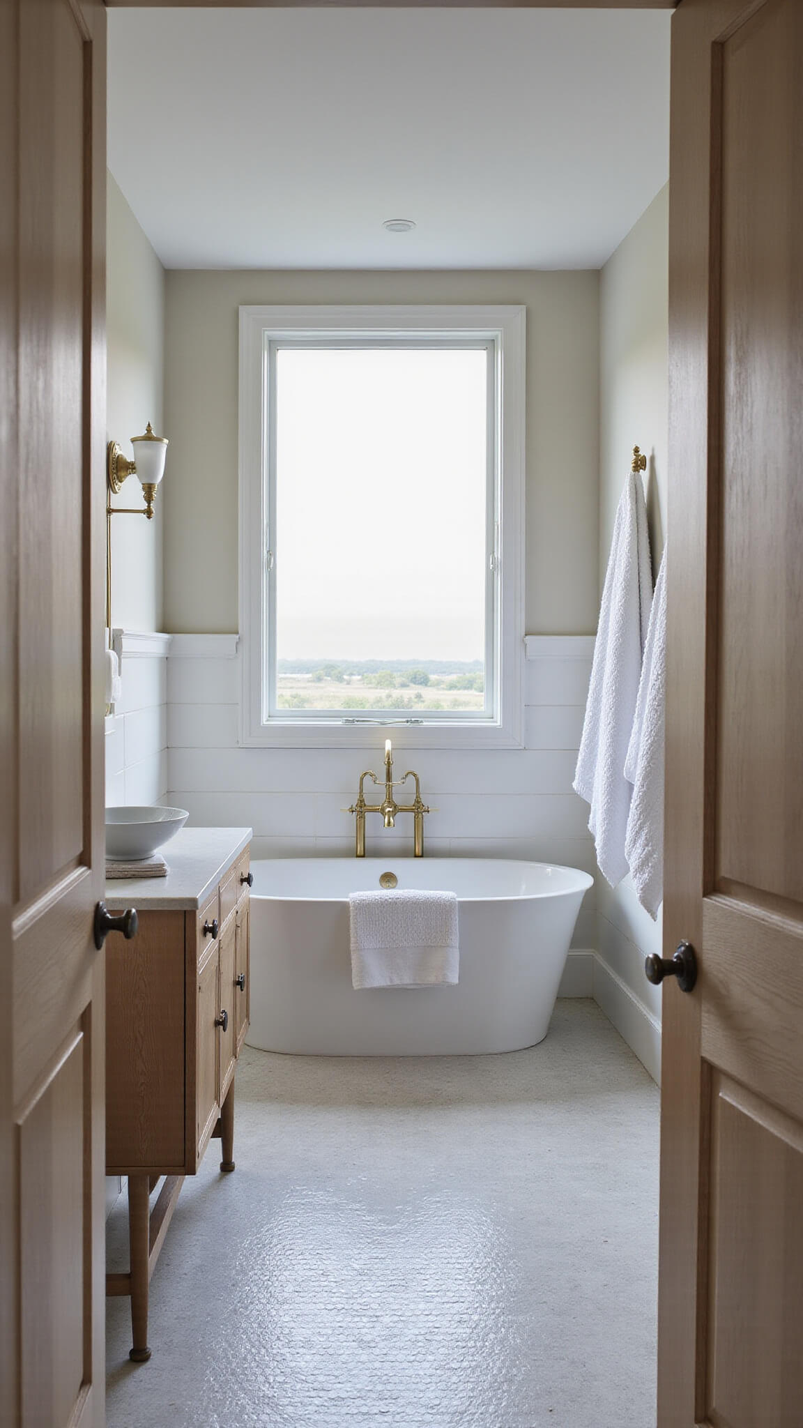 Coastal bathroom with soaking tub, floating oak vanity, brass fixtures, and soft twilight lighting.