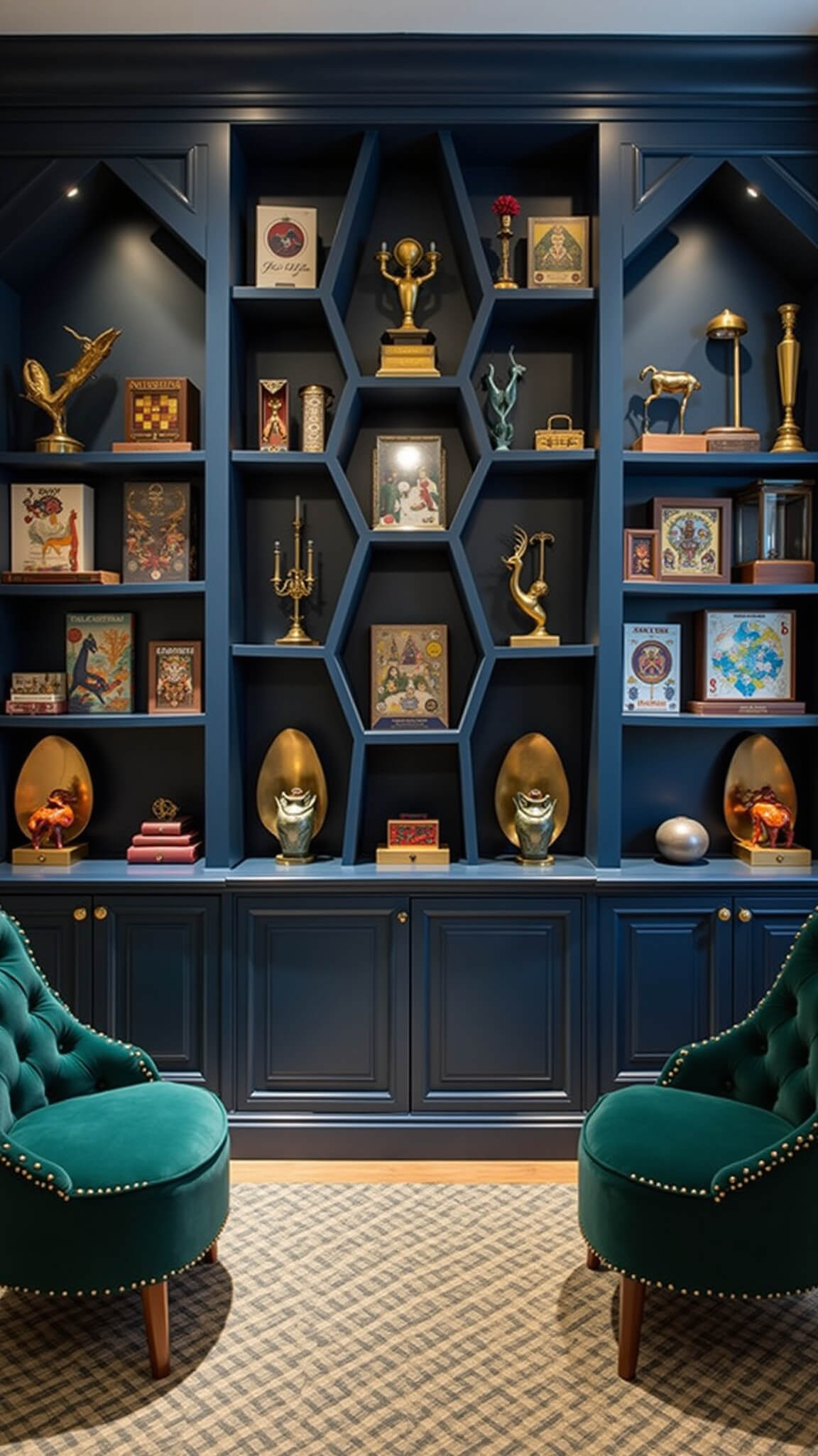 Game room with navy blue diamond shelving trimmed in gold, board games arranged graphically, vintage brass pieces and modern sculptures, emerald velvet chairs, geometric rug, and dramatic evening lighting.