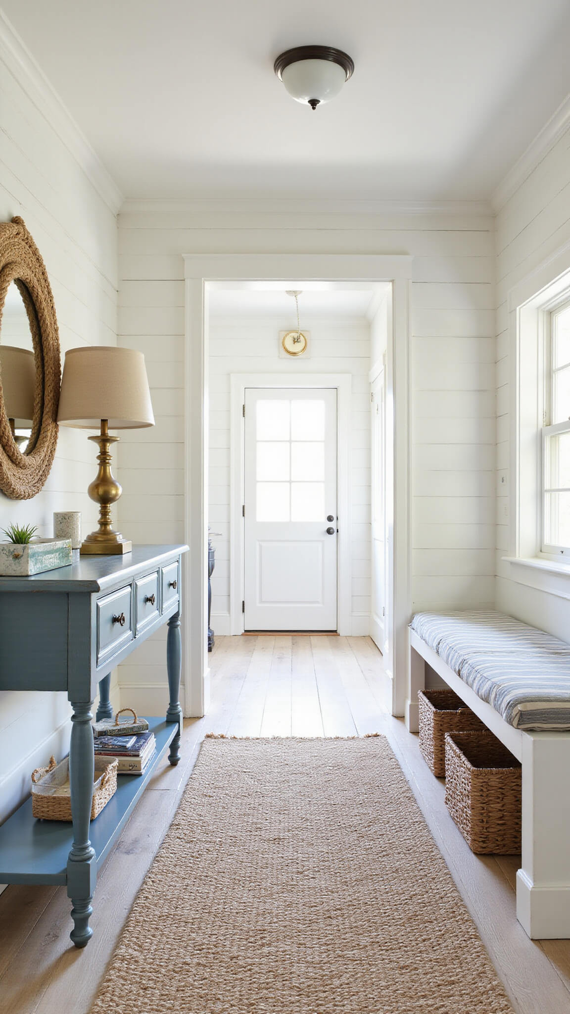 Coastal entryway with white shiplap walls, seagrass runner on whitewashed oak floors, vintage blue-grey console, rope mirror, and built-in bench with striped cushion and storage baskets.