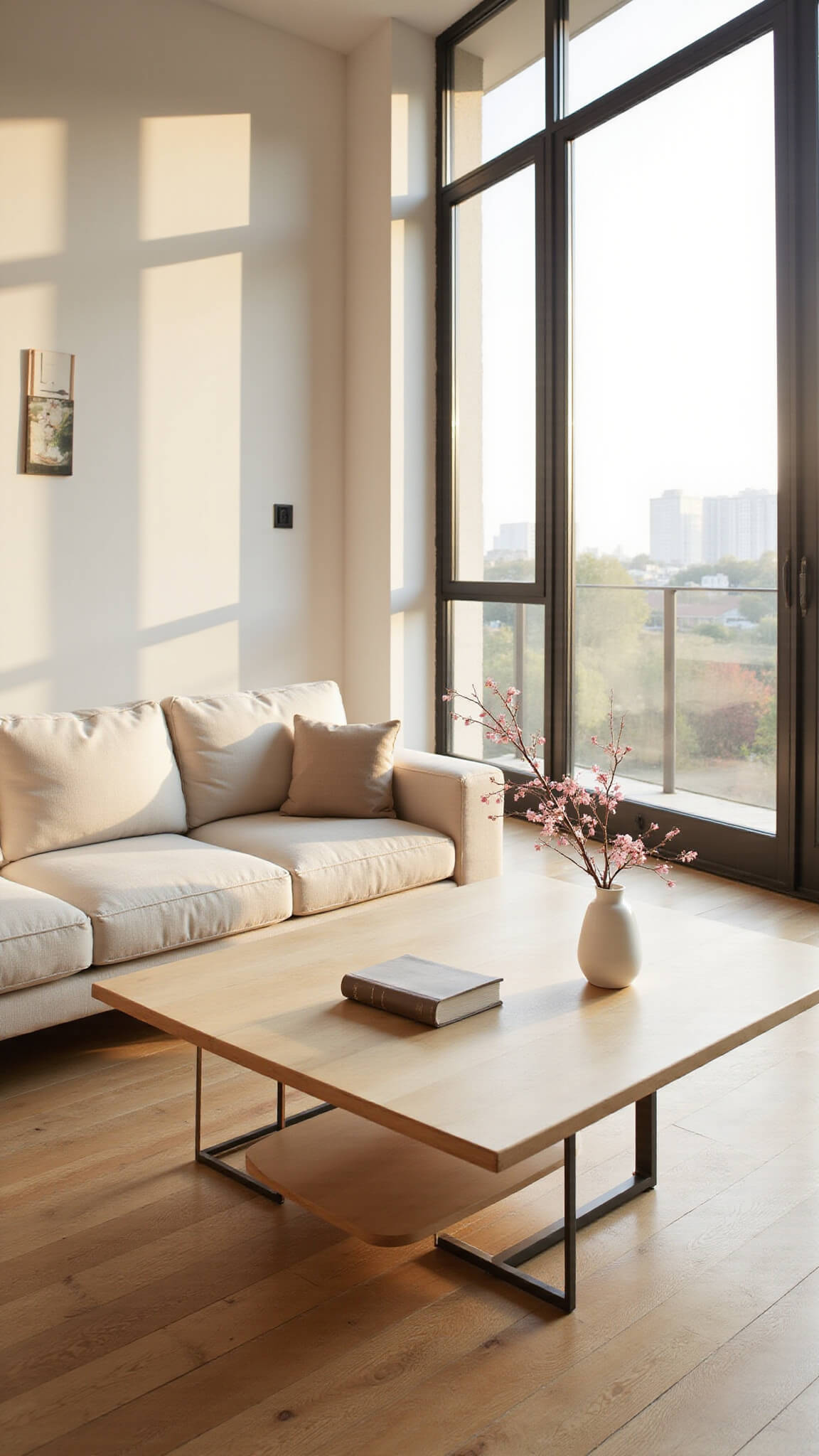 Japandi-style living room with cream sofa, bleached oak coffee table, and cherry blossom vase bathed in golden hour light.