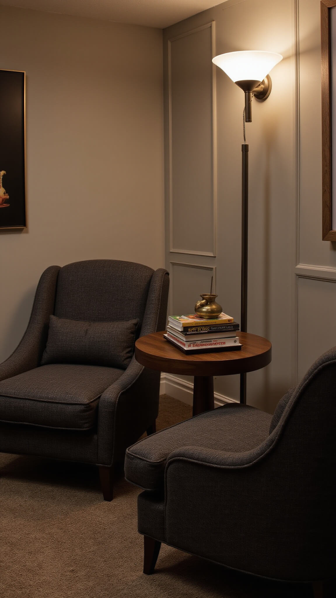 Cozy dusk-lit reading nook with dark walnut Japandi table between two charcoal boucle armchairs, soft ambient lighting, art books, and brass incense holder.
