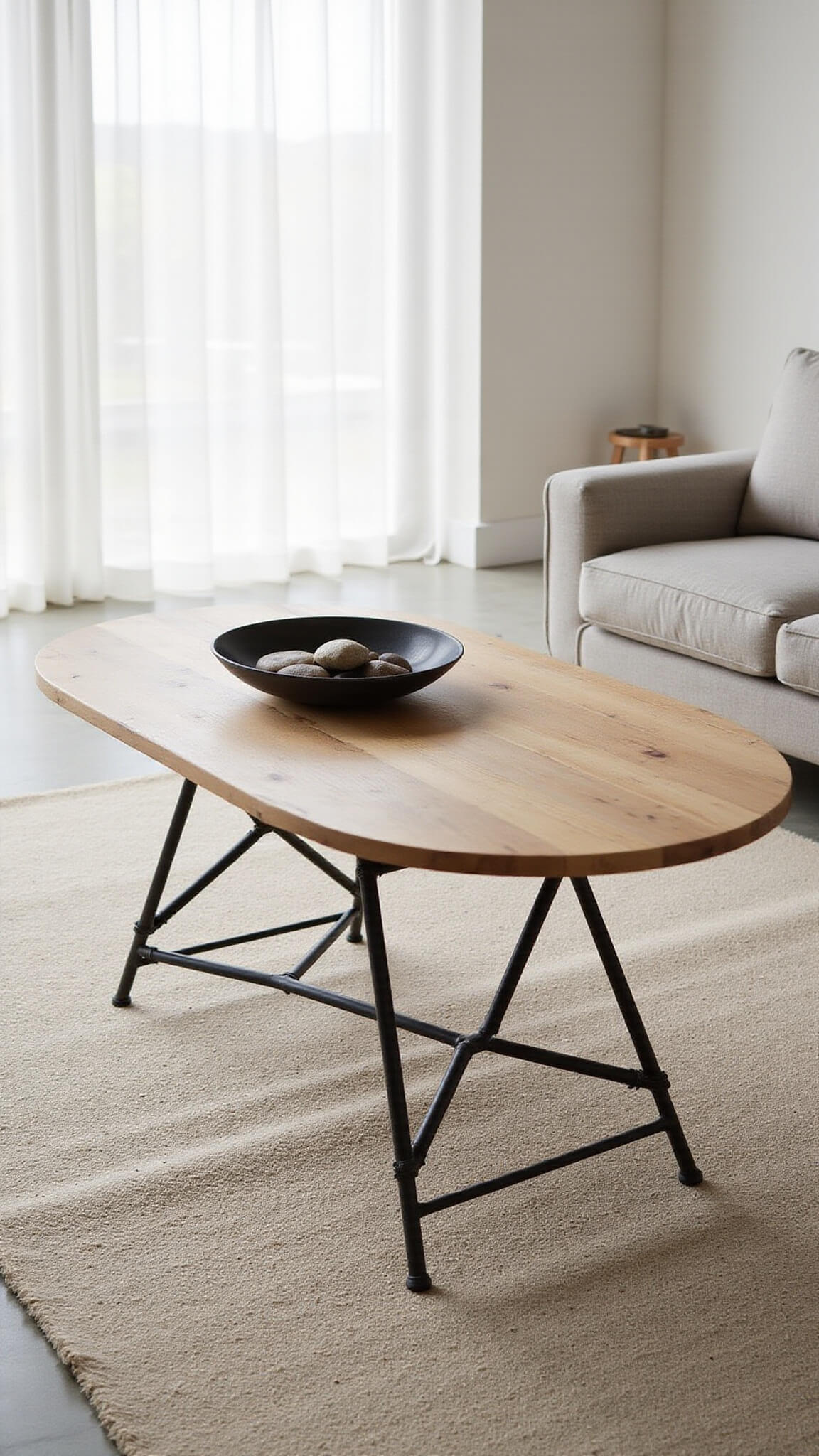 Modern open-concept room with oval Japandi bamboo table on ivory wool rug, styled with black ceramic bowl and river stones, bathed in diffused mid-morning light.