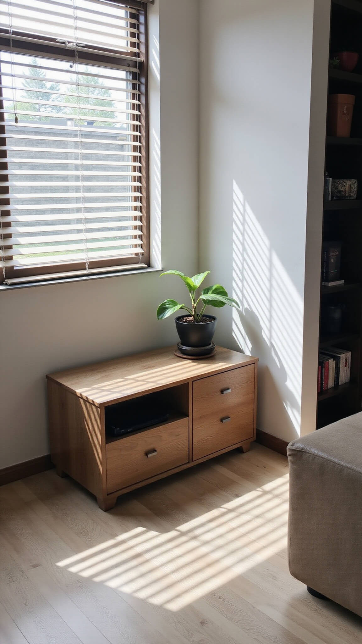 Top-down view of a compact 14x16ft urban apartment living area with a low-profile smoked oak Japandi table, filtered sunlight casting geometric shadows, a monstera plant, and a monochromatic color scheme with wood accents.
