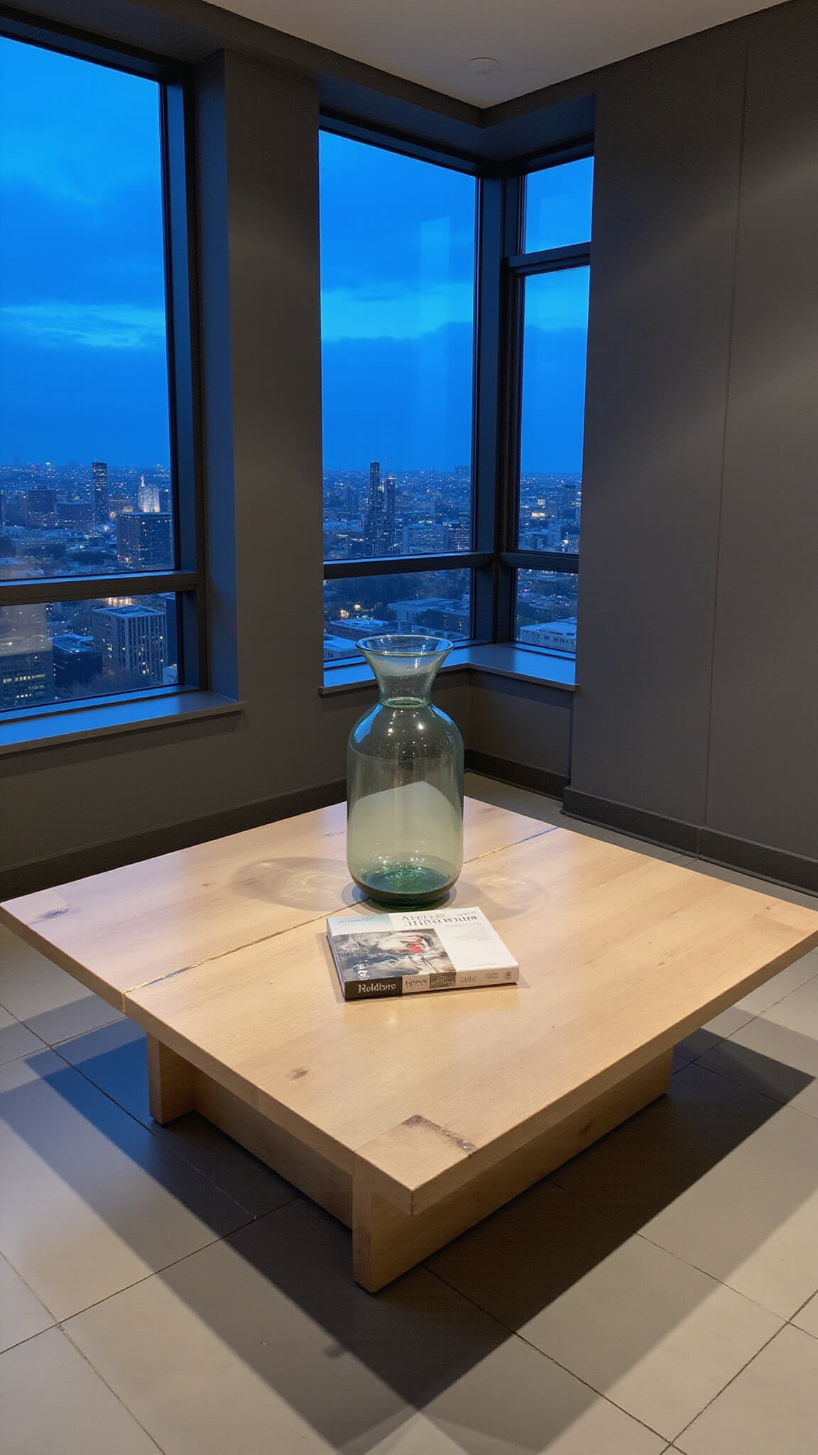Luxurious Japandi-style penthouse with bleached maple table, brass accents, and city skyline visible through floor-to-ceiling windows at blue hour.