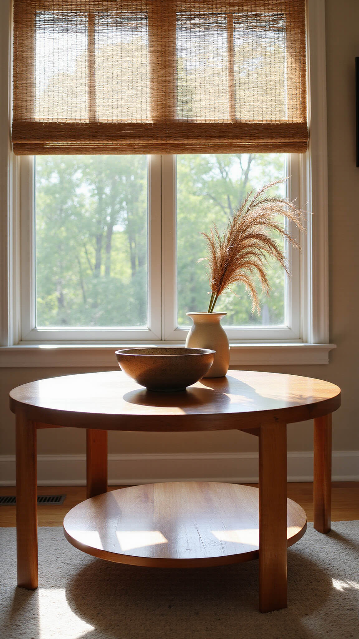 Sunlit contemporary living room with teak Japandi table, ceramic bowl, pampas grass, and dappled light from bamboo blinds.
