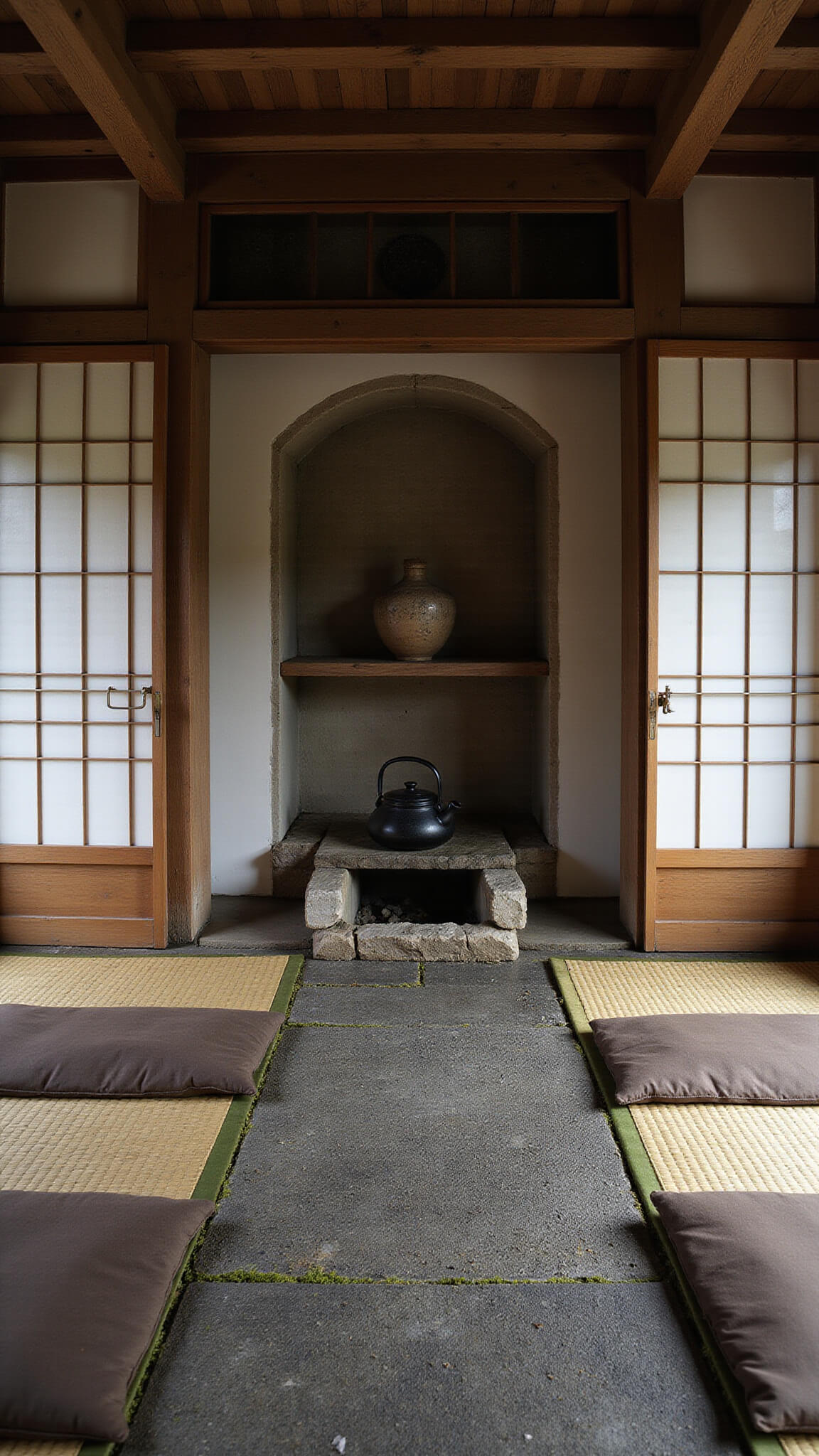 Traditional Japanese tea room with tatami mats, sunken hearth, and pottery in alcove, lit by soft morning light through shoji screens.