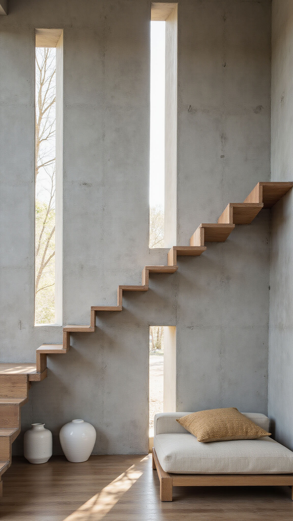 Modern double-height concrete interior with textured board-formed walls, floating wooden staircase, vertical windows casting dramatic light, and minimalist furnishings in warm neutral tones.