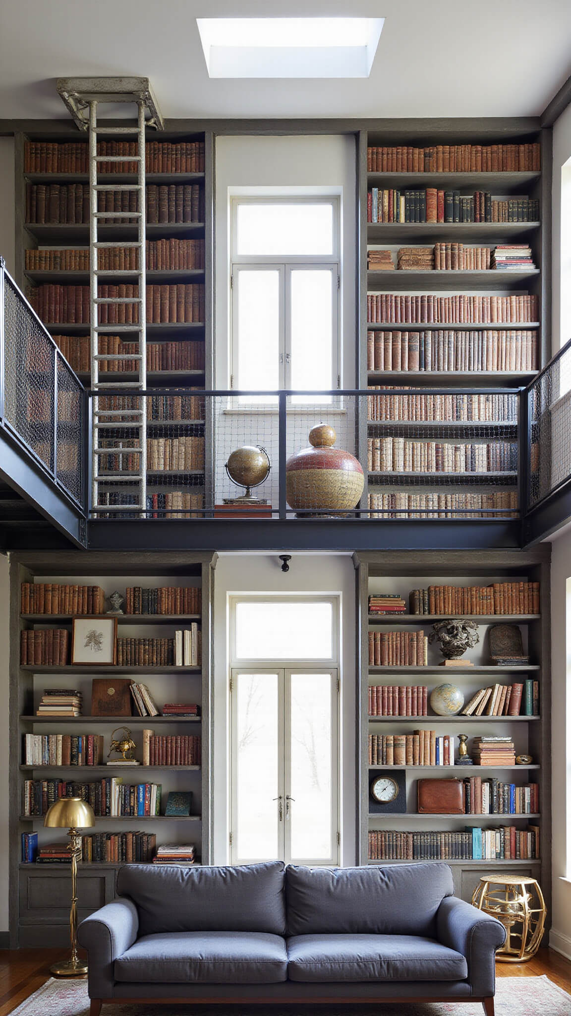 Double-height industrial living room with 20-foot raw steel bookshelves, rolling ladder, and charcoal sofa, viewed from mezzanine.