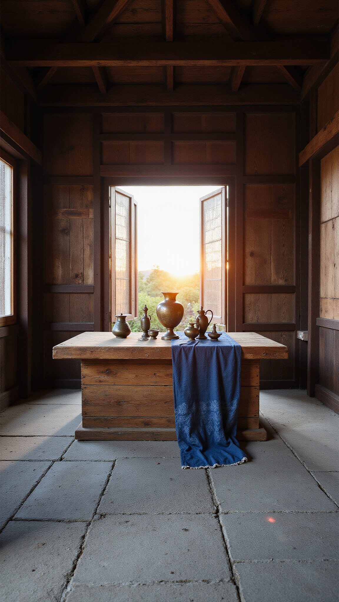 Restored ancient shrine with exposed timber frame, golden hour light through wooden screens, stone floor with indigo textiles, wooden altar with brass vessels, and copper accents in symmetrical composition.