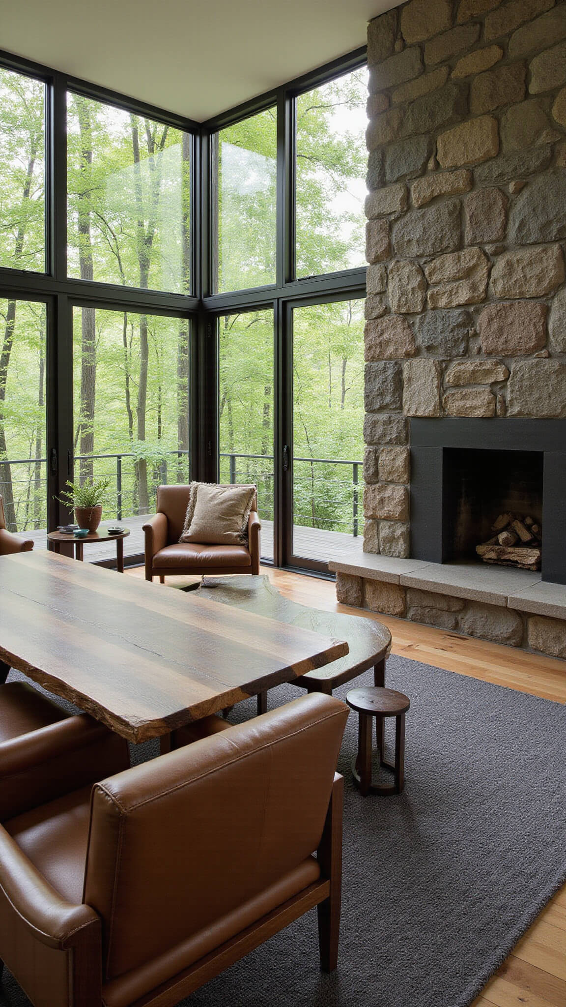 Forest-inspired contemporary living room with floor-to-ceiling windows, raw walnut table, worn leather armchairs, stone fireplace, and layered organic textiles in earthy tones.