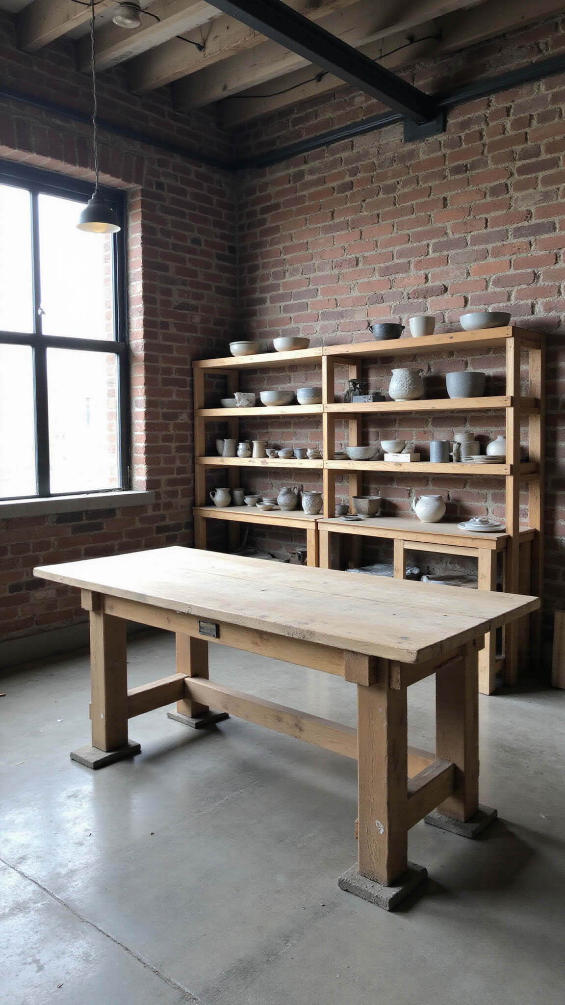 Artisan’s workshop in a 16x20ft industrial space with brick walls, exposed steel beams, factory windows, and a well-worn wooden workbench surrounded by ceramic pieces and vintage tools.