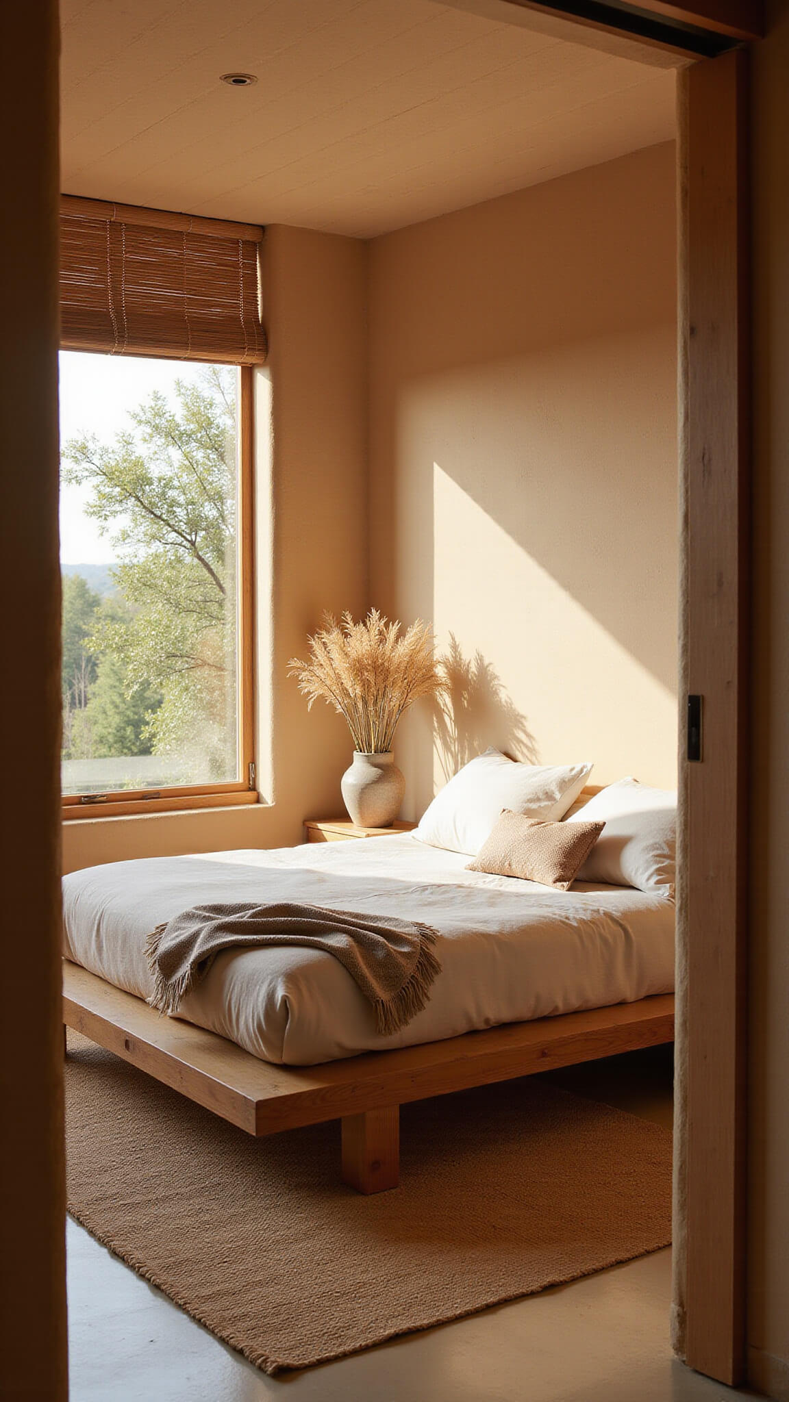 Minimalist 14x16ft Zen bedroom with rammed earth walls, bamboo-filtered dawn light, platform bed in natural linens, grass mat, and ceramic vase, in warm earth tones.