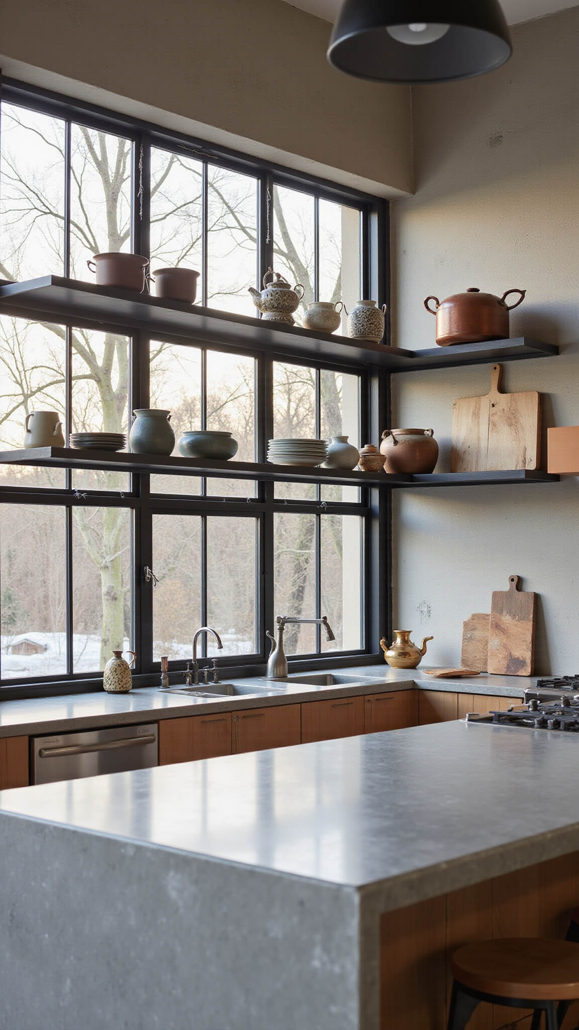 Urban Wabi-Sabi style kitchen with concrete counters showing crackling, copper pots, wooden cutting boards, and handmade pottery on blackened steel shelves in natural late morning light.