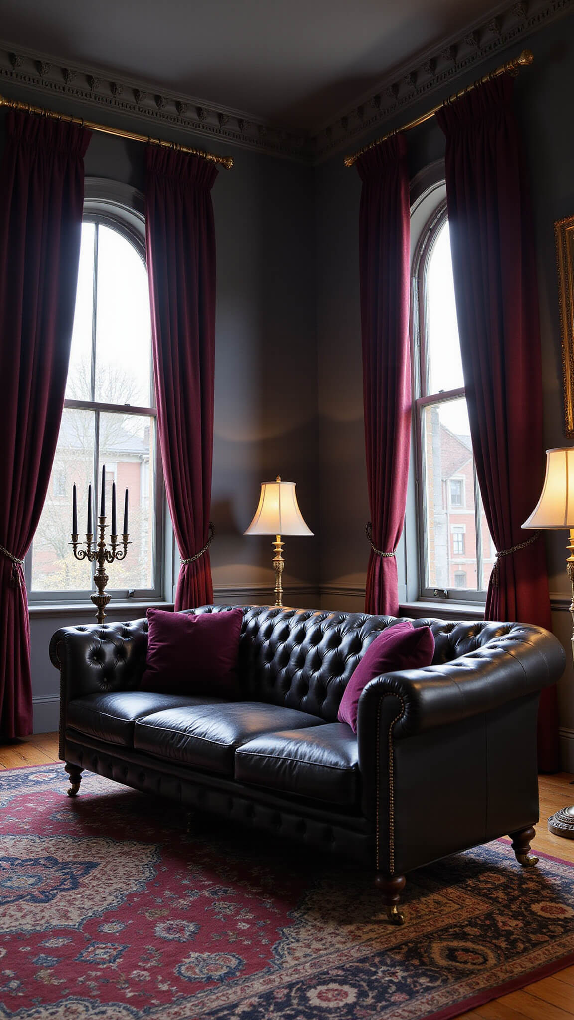 Victorian-style living room at dusk with black walls, burgundy curtains, black leather Chesterfield sofa, antique lighting, and deep shadowy ambiance.