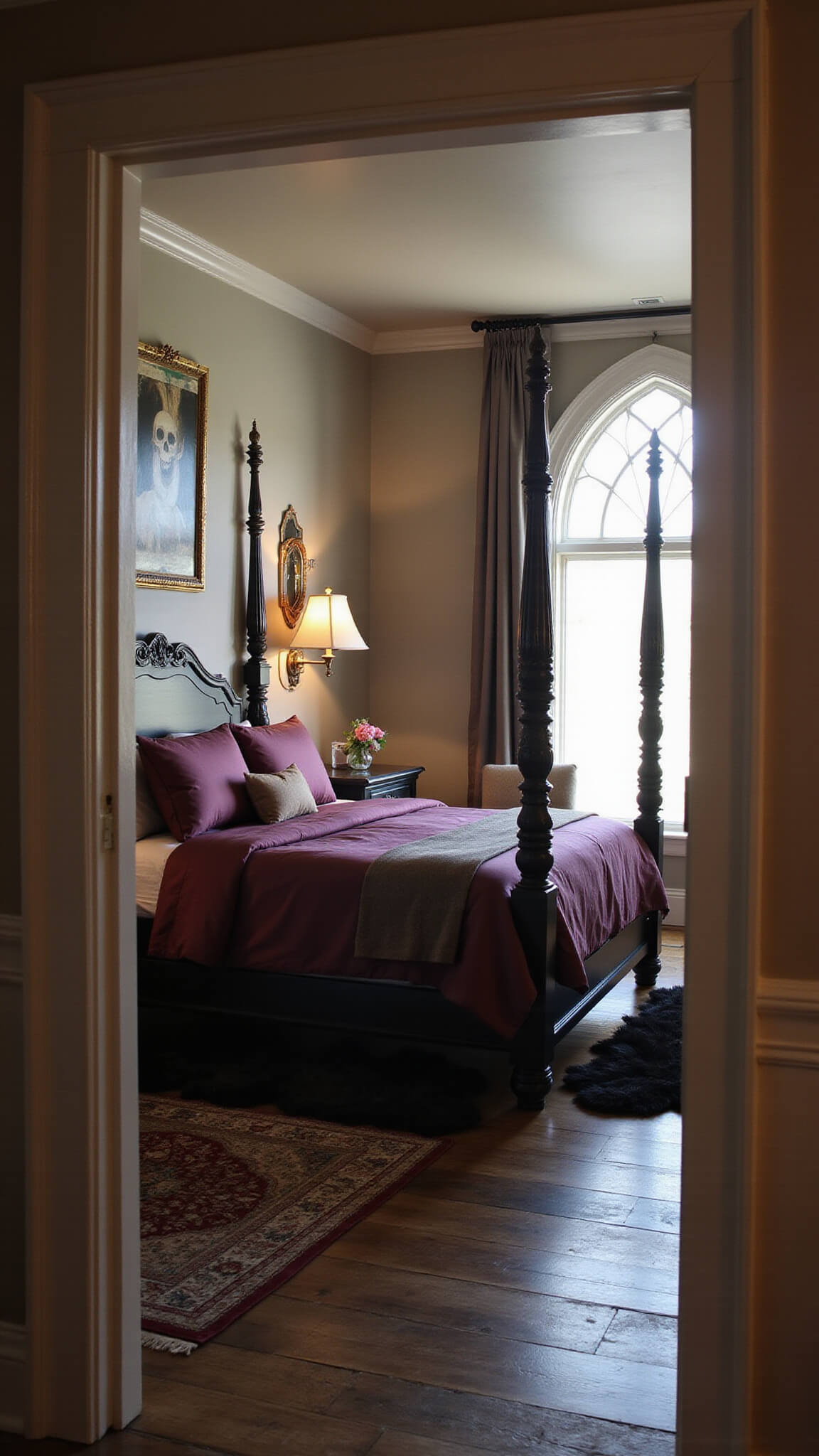 Master bedroom at golden hour with king-sized four-poster bed, aubergine silk bedding, antique gold skull artwork, and diffused light through gothic window.