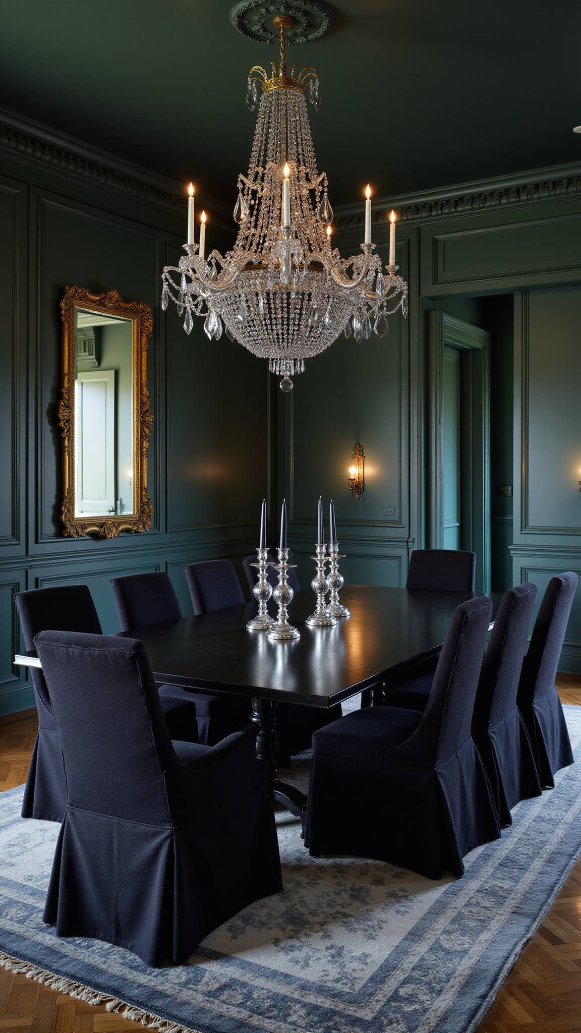 Elegant emerald and black dining room with crystal chandelier, ebony table, and damask chairs, photographed at blue hour with moody mixed lighting.