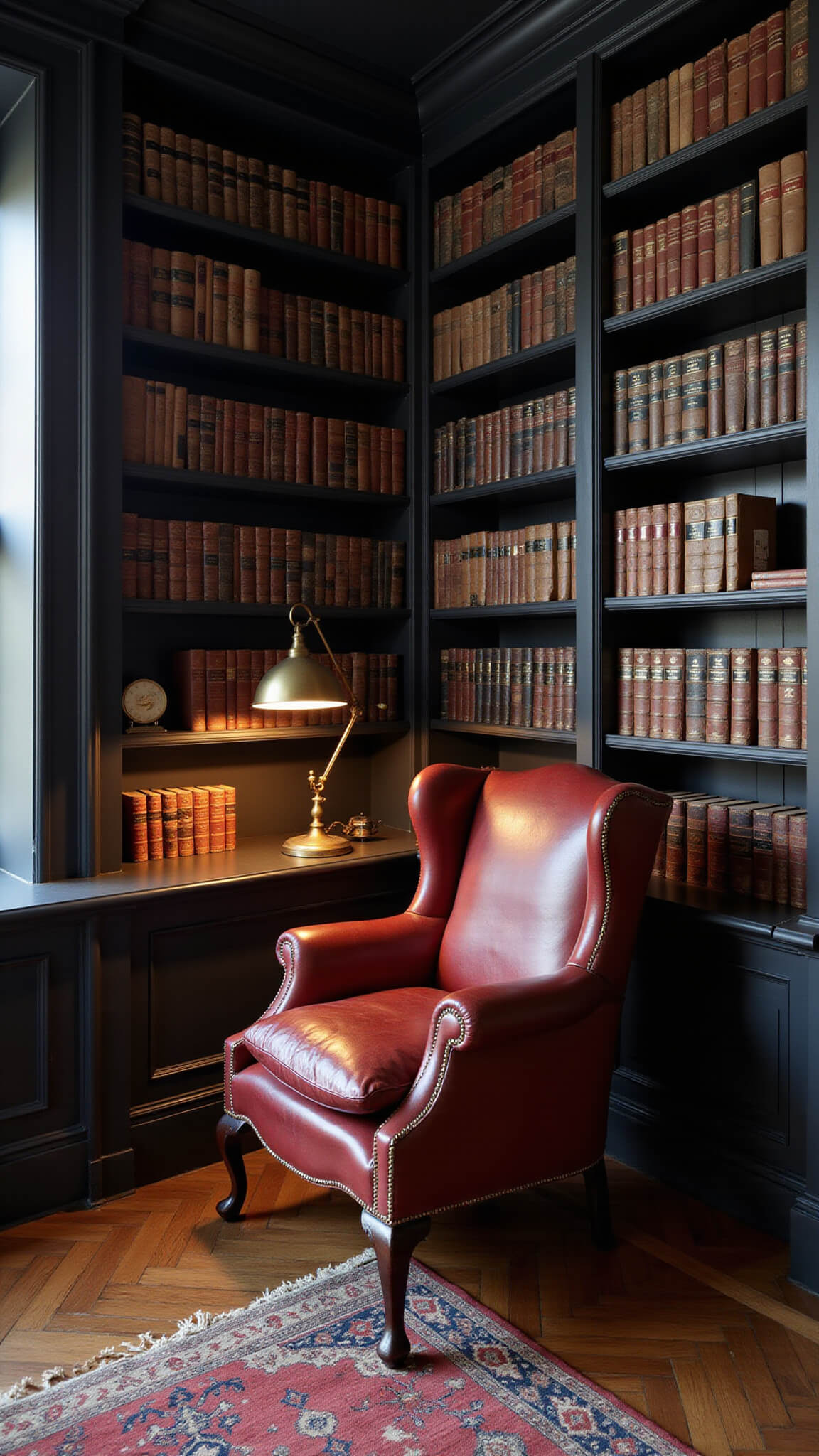Cozy library nook with matte black built-in shelves, oxblood leather wingback chair, brass lamp, and vintage rug on dark herringbone floors.