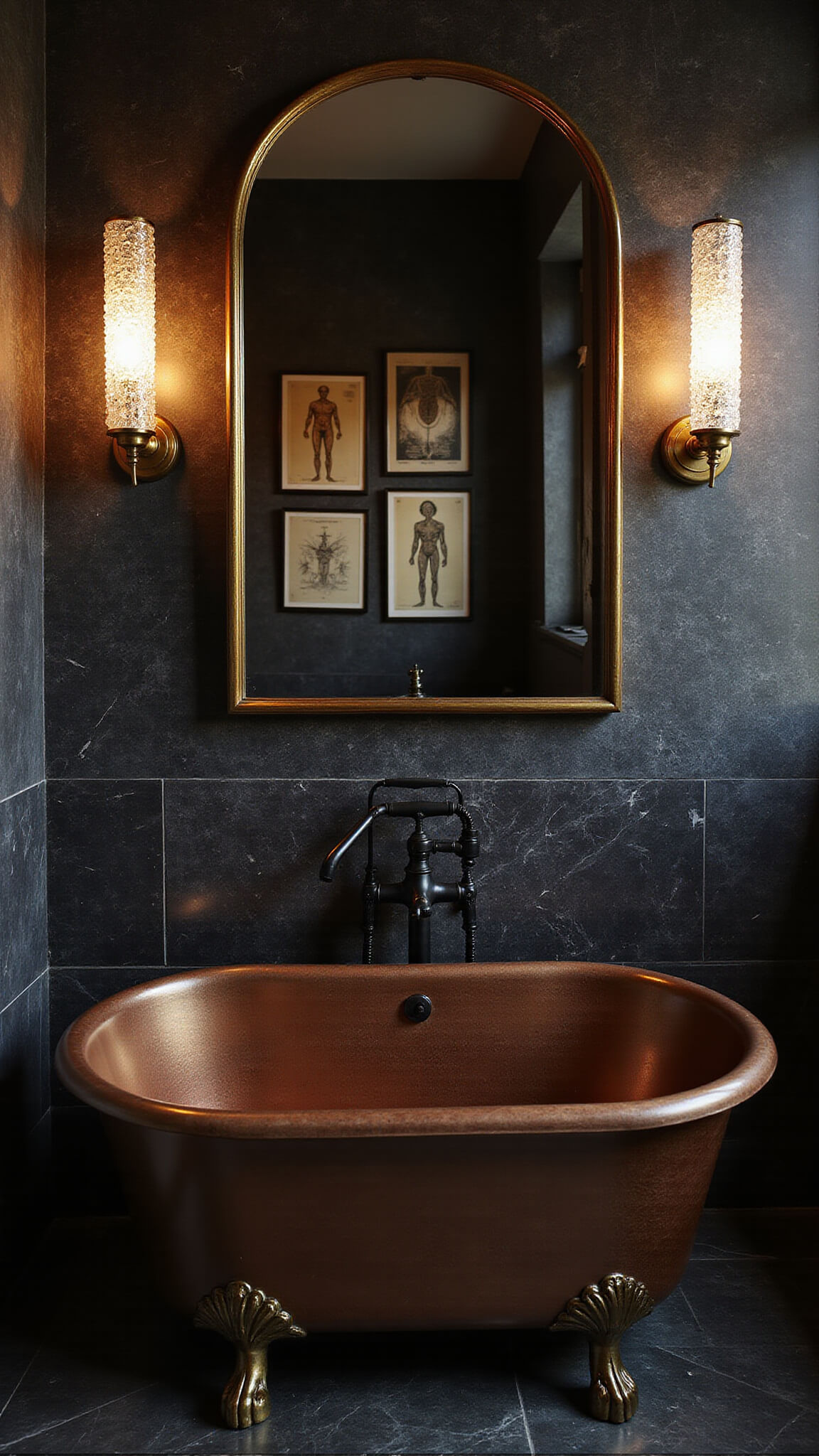 Art deco bathroom reflected in vanity mirror with copper tub, black herringbone marble floor, crystal sconces, and candlelit ambiance.