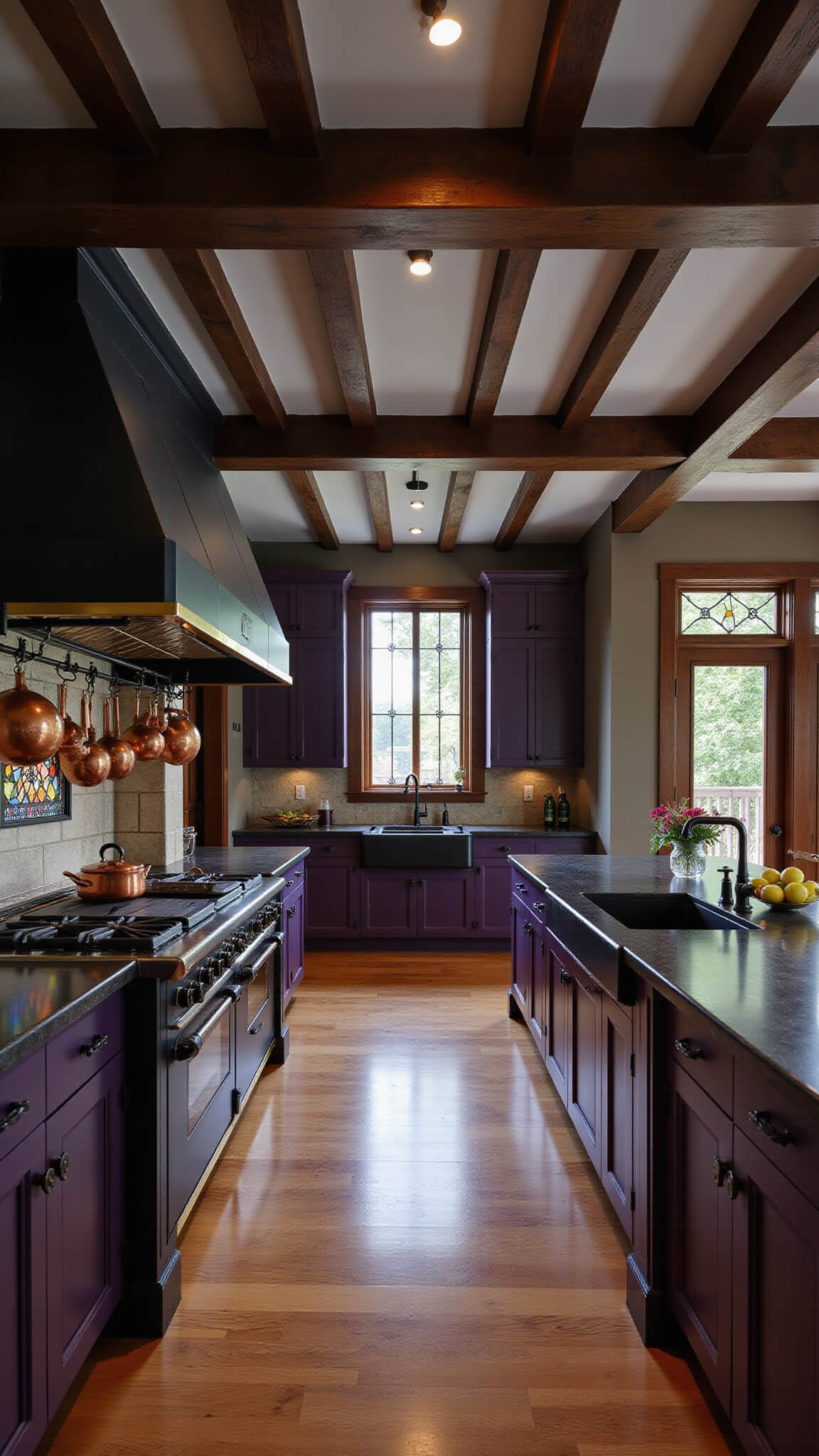 Gothic-style kitchen with black soapstone counters, deep purple-black cabinets, copper pots on wrought iron rack, black range with brass accents, stained glass window, dark wood beams, and dramatic lighting.