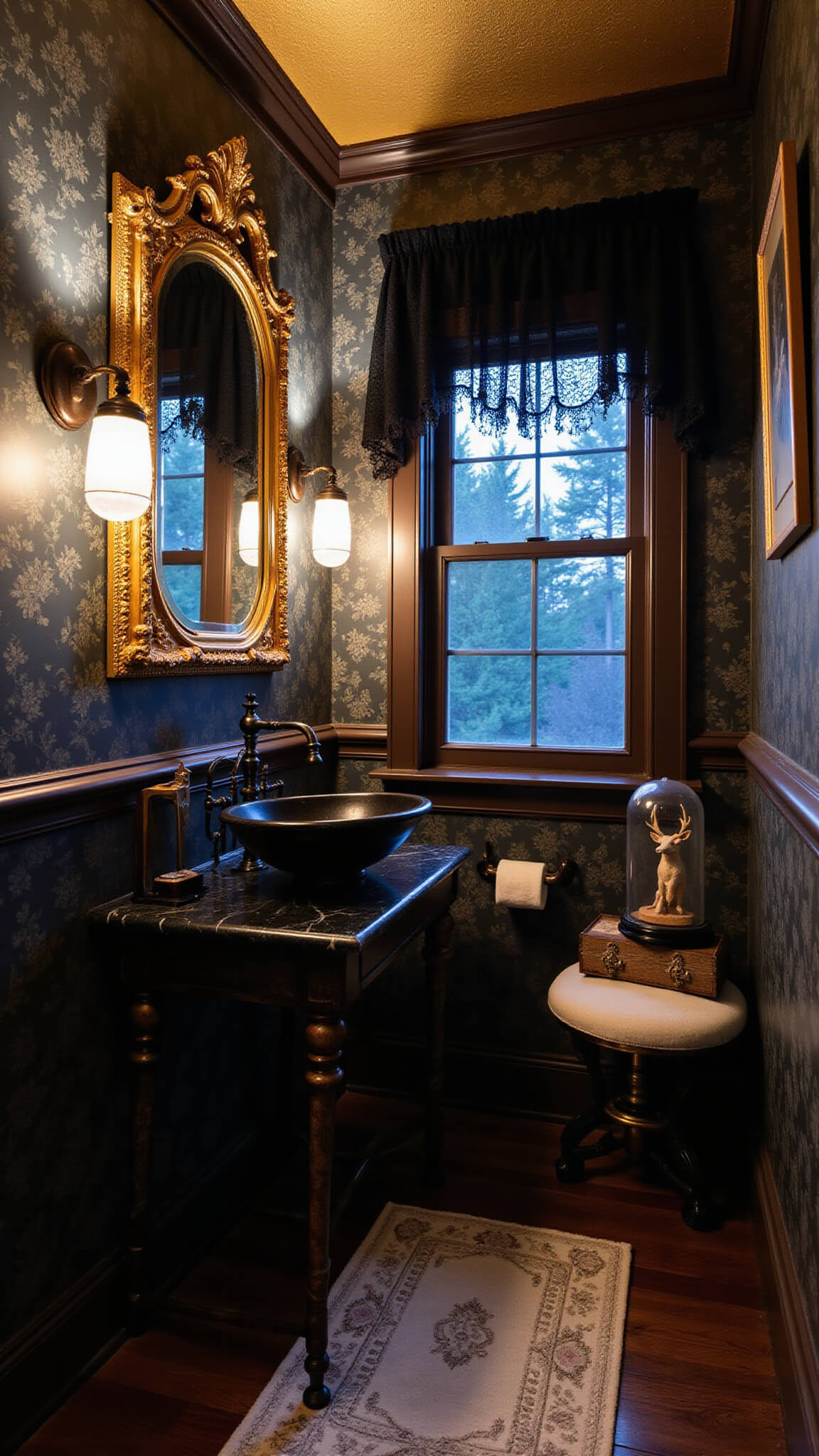 Twilight powder room with black floral wallpaper, gold leaf ceiling, baroque mirror, marble sink on wrought iron stand, crystal sconces, and vintage taxidermy under glass dome.