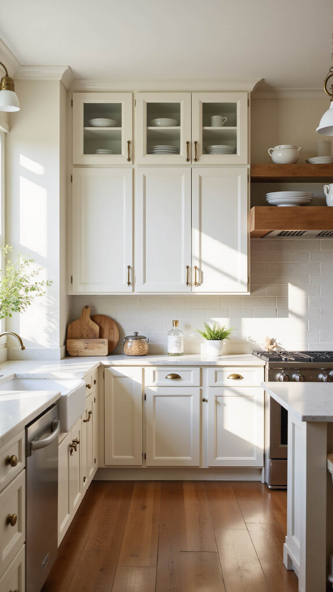 Bright farmhouse kitchen with white shaker cabinets, oak island, marble countertops, and morning light streaming through large windows.