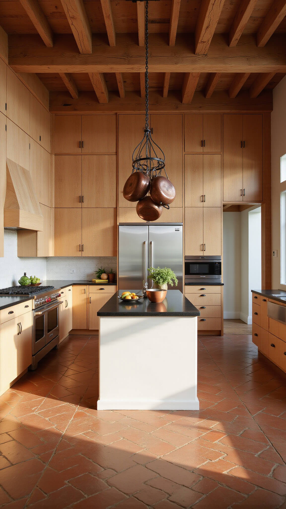 Rustic elegant kitchen with cedar cabinets, white island, copper pots, and terracotta tile floor in golden hour light.