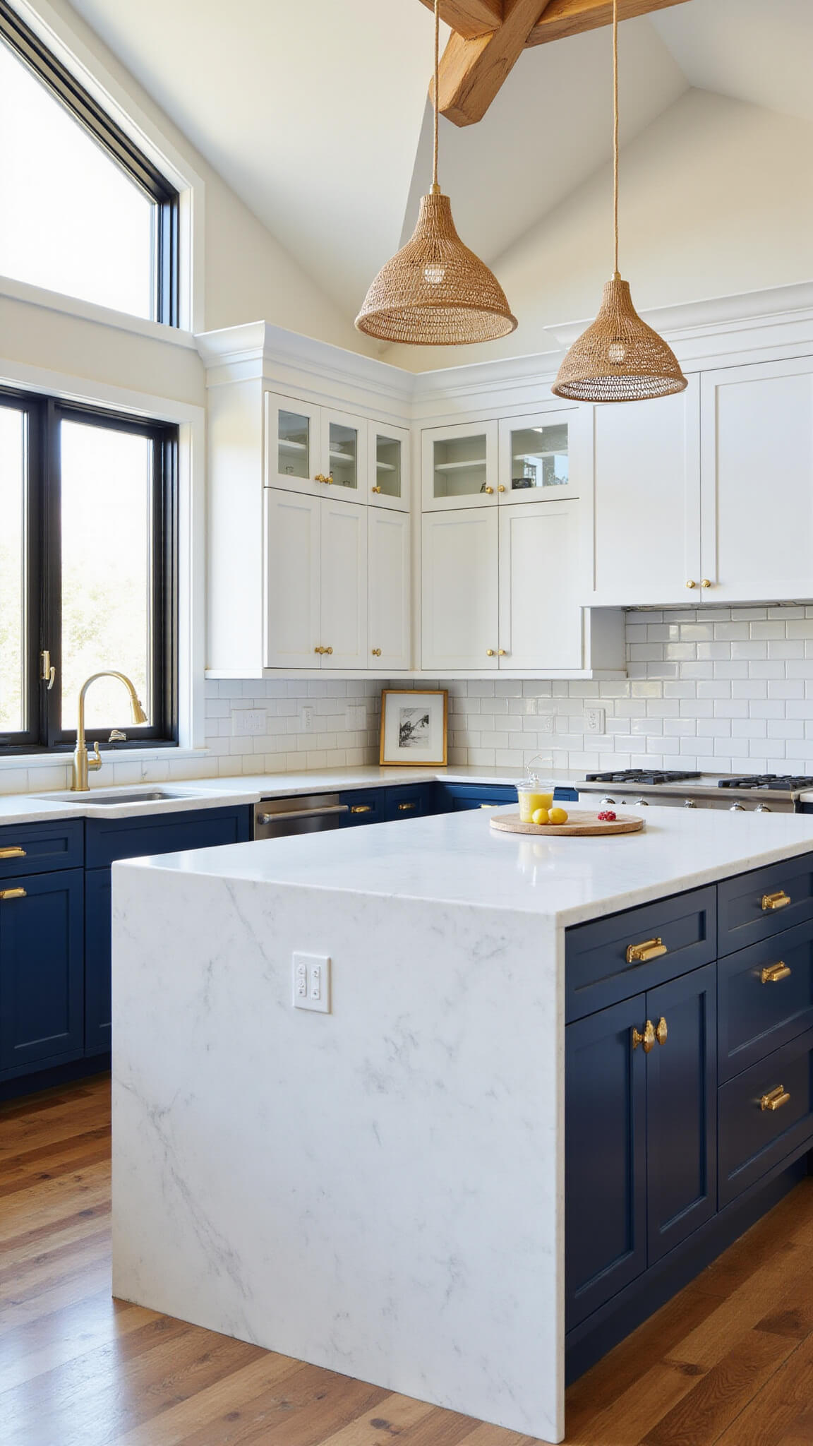 Modern farmhouse kitchen with navy blue lower cabinets, white uppers, gold hardware, and quartz waterfall island under woven pendant lights.