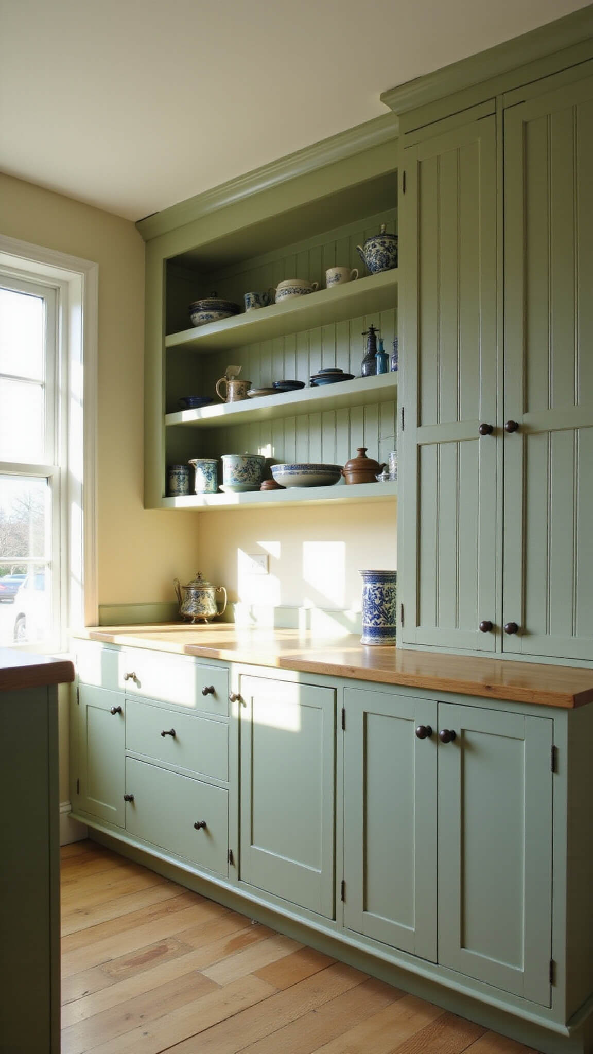 Sage green beadboard kitchen with open shelves, ironstone display, white oak floors, and soft morning light.