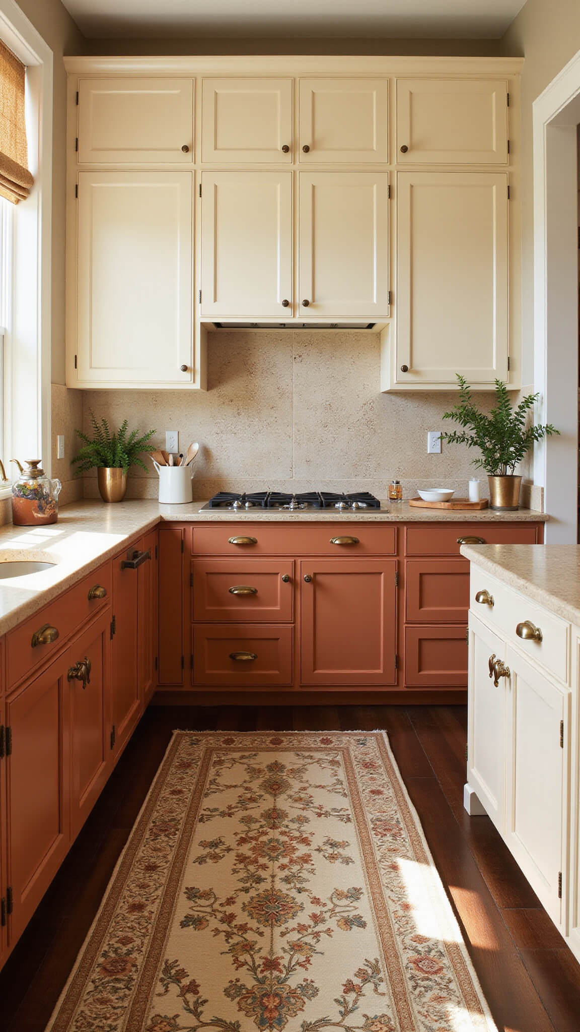 Wide-angle view of a Mediterranean farmhouse kitchen with terra-cotta lower cabinets, cream uppers, textured zellige tile backsplash, vintage rug, and copper and brass accents in dramatic afternoon light.