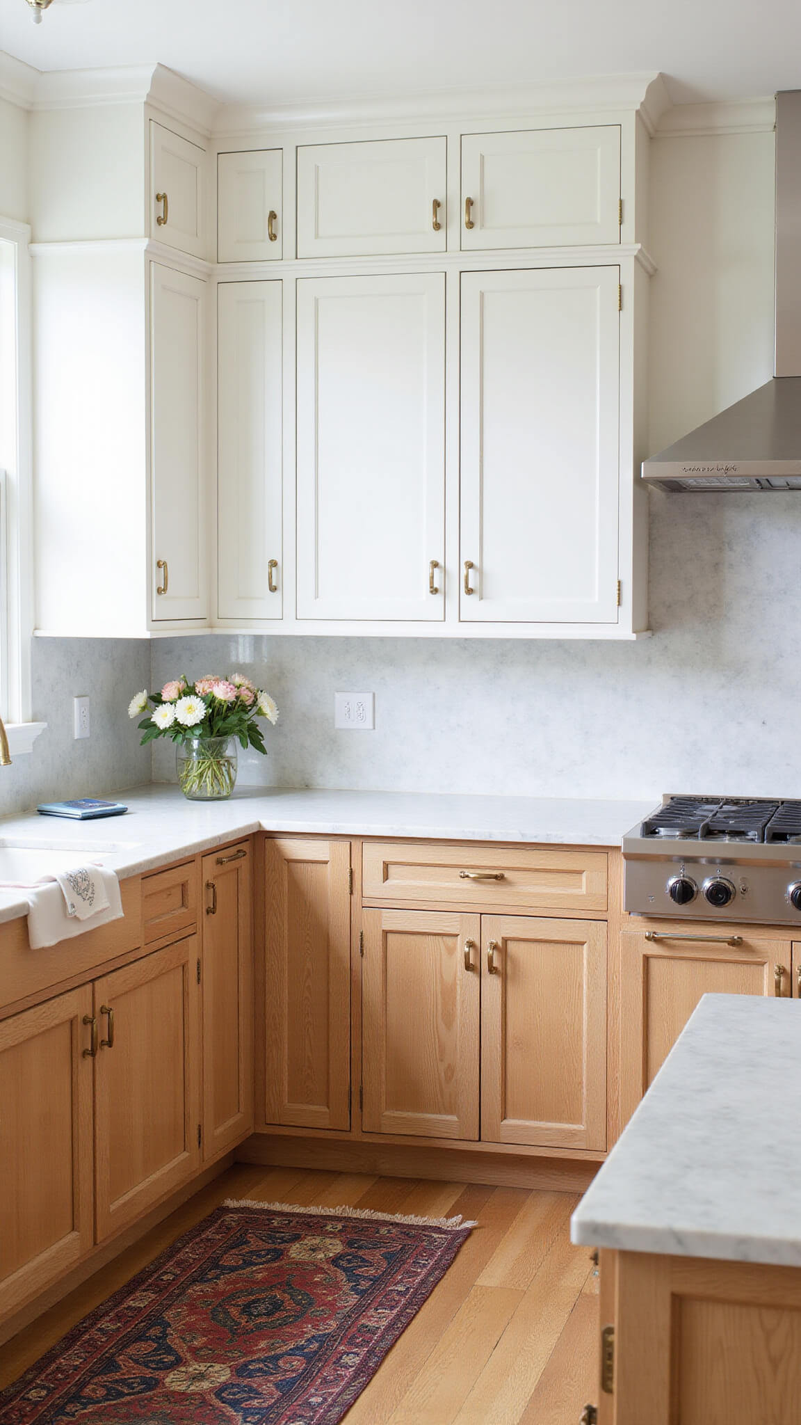 Bright corner kitchen with large windows, light oak and white cabinets, marble surfaces, vintage runner, and mixed metal fixtures in a refined casual farmhouse style.