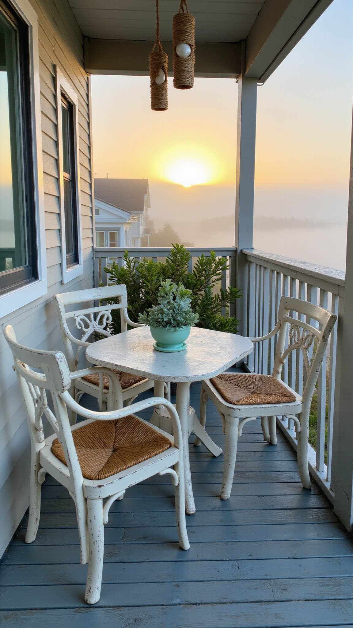Low-angle view of a cozy beachside balcony at sunrise with a distressed white bistro set, sea glass green planters of eucalyptus, nautical pendant lights, shell wind chimes, and misty golden lighting on weathered blue-grey decking.