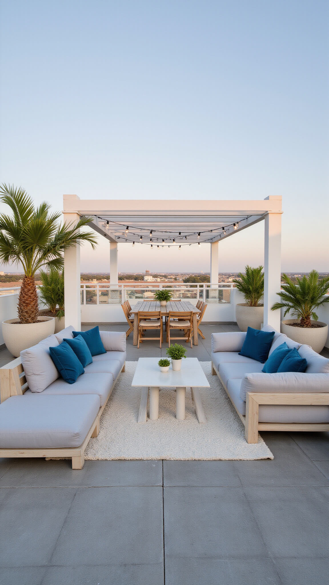 Drone view of modern coastal rooftop terrace with grey modular seating, marine blue cushions, white pergola with market lights, Mediterranean palms in ceramic pots, teak dining set, and ivory rug defining lounge area.