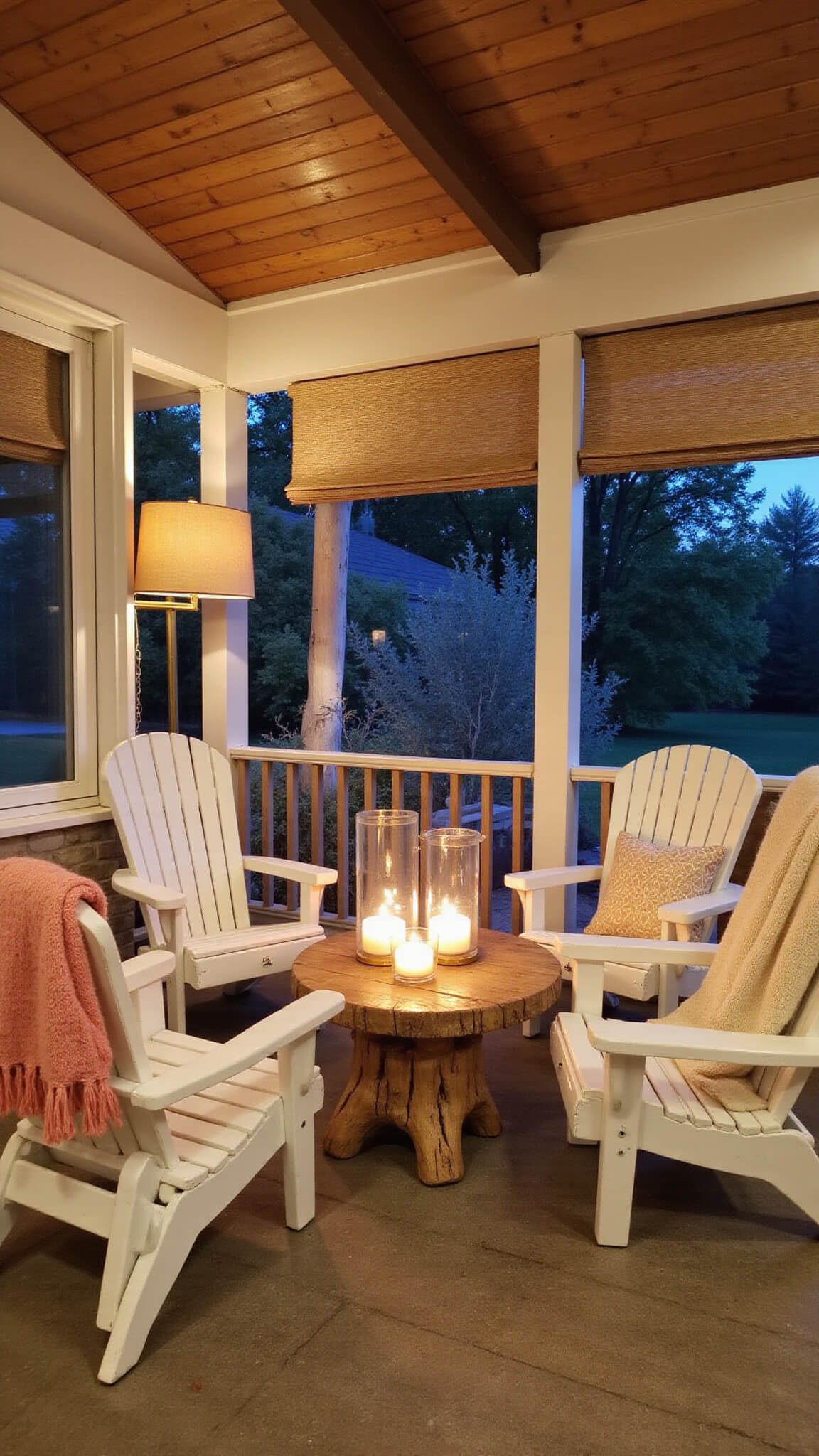 Cozy covered porch at dusk with white Adirondack chairs, driftwood coffee table, warm brass floor lamp, knit throws, candlelit glass hurricanes, and natural roman shades under exposed beam ceiling.