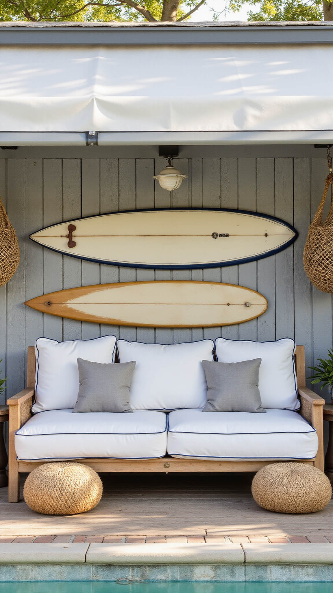 Beach cabana with slipcovered daybed, vintage surfboards on weathered plank walls, sisal poufs, woven tables, and air plants in fishing nets under dappled morning light.