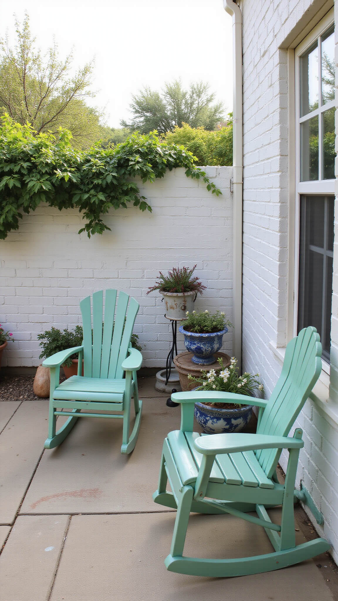 Charming 14x18ft cottage garden patio at 8am with seafoam green vintage gliders, sand-toned painted concrete pavers, white brick walls, blue and white chinoiserie planters, shell wind chimes, climbing jasmine, and an antique market umbrella filtering soft morning light.