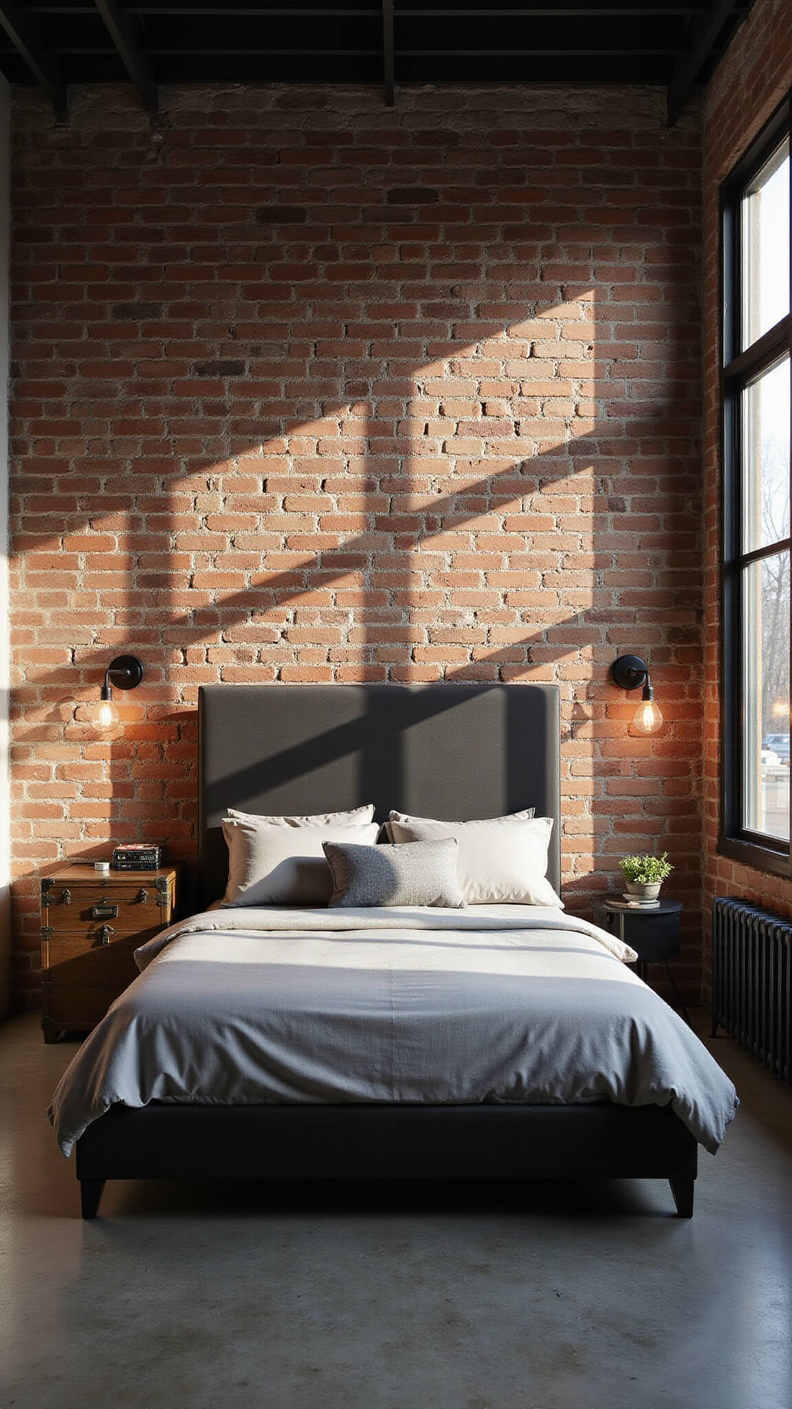 Moody industrial loft bedroom with exposed brick wall, Edison bulb sconces, and polished concrete floors lit by late afternoon shadows.