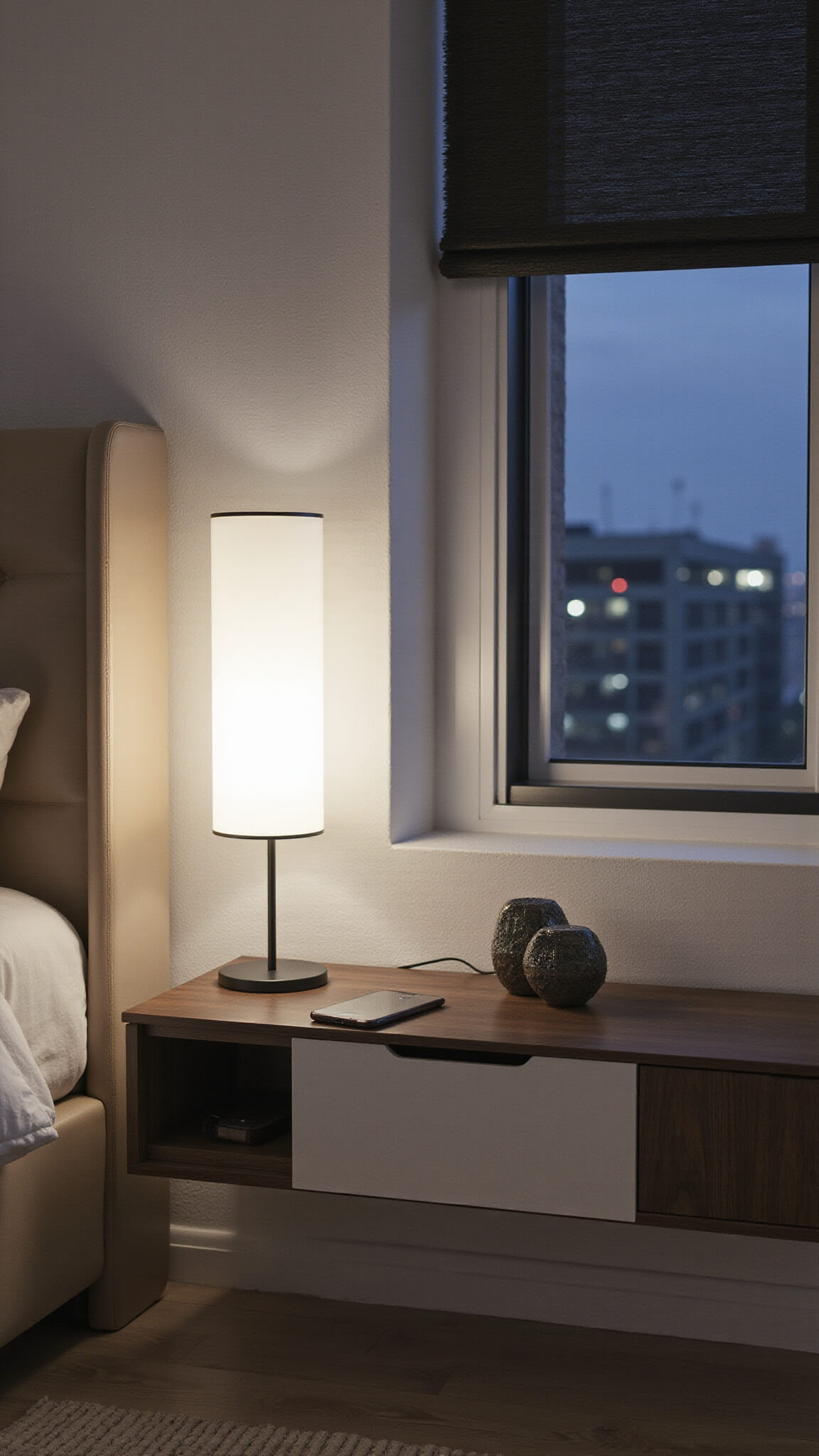 Modern tech-integrated bedroom featuring smart lighting, hidden charging station in floating nightstand, automated blackout blinds, and concealed Bluetooth speakers.