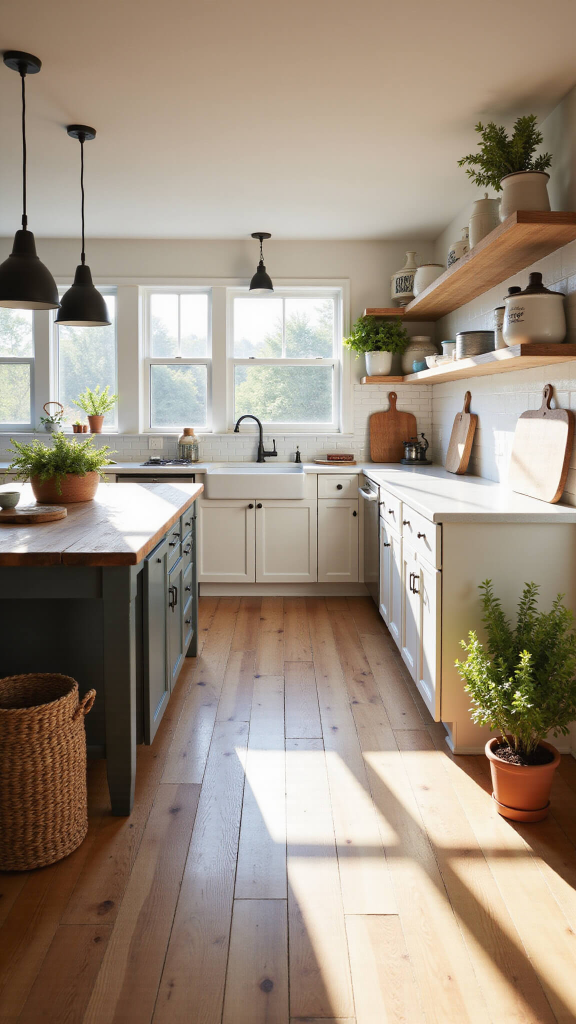 Sunlit farmhouse kitchen with white oak floors, butcher block island, white shaker cabinets, and vintage decor at golden hour.