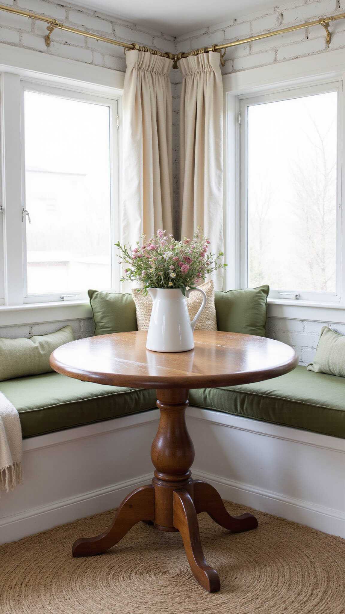 Cozy corner breakfast nook with whitewashed brick walls, sage green window seat, rustic oak table, and vintage decor in soft morning light.