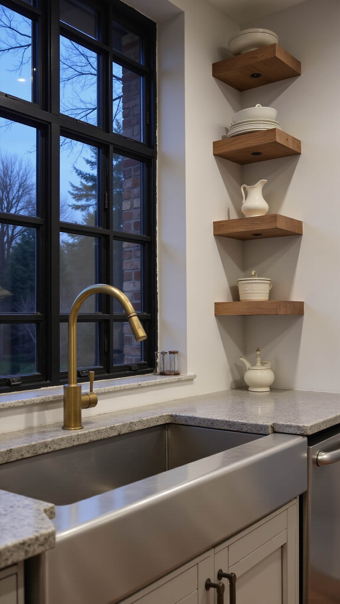 Moody evening kitchen with zinc countertops, vintage brass faucet, and black steel-framed windows casting shadows on white walls.