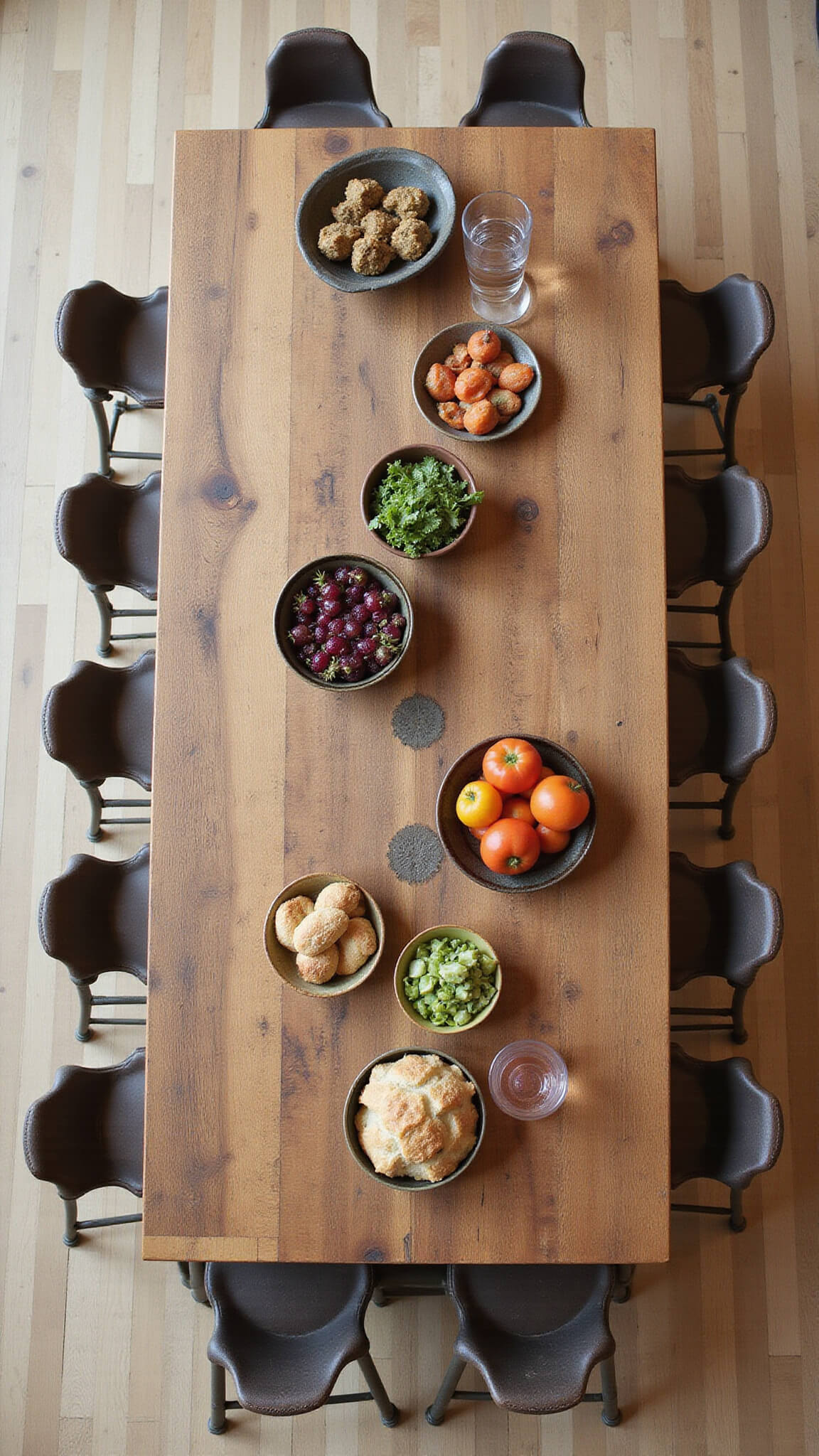 Overhead view of rustic kitchen island with vintage decor, ceramic bowls, breadboards, and industrial stools under warm lighting.